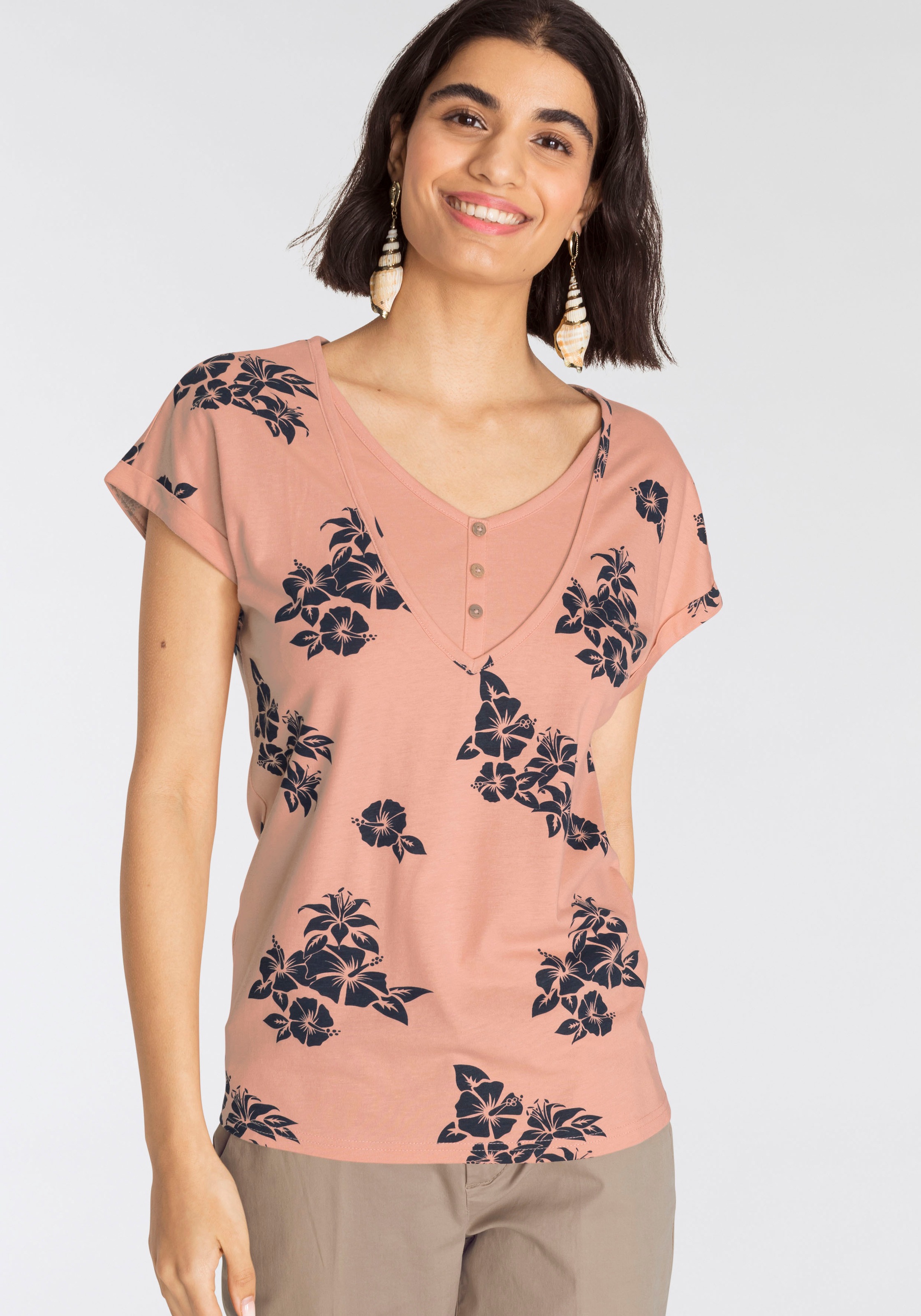 Image of AJC T-Shirt, mit Floralprint and Zierknopfleiste bei Ackermann Versand Schweiz