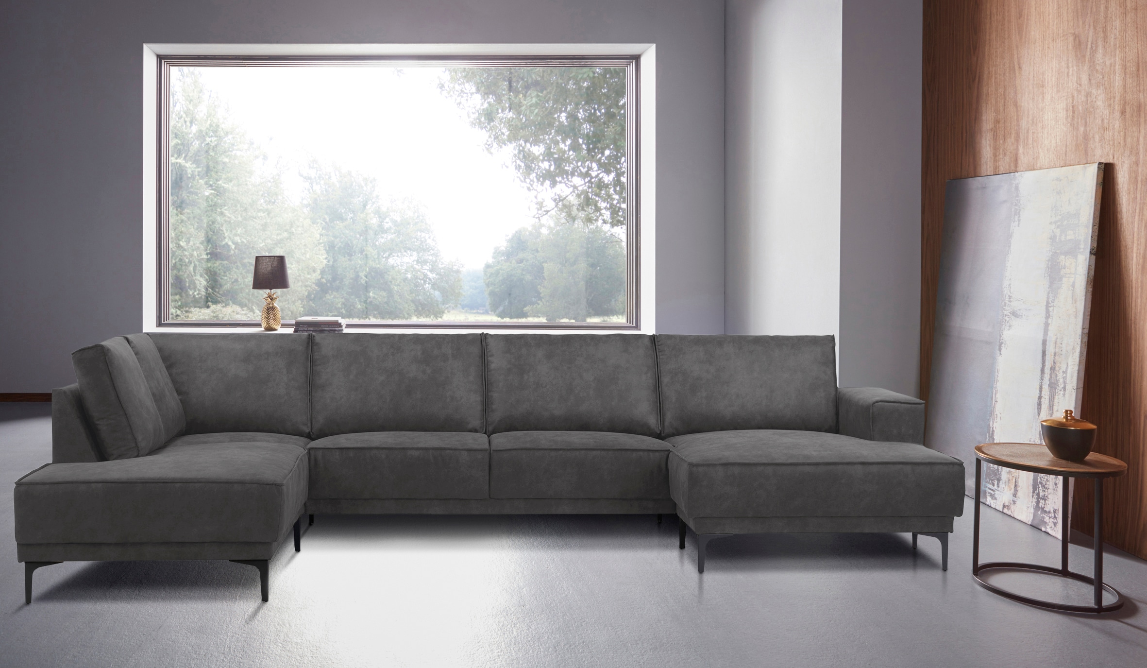 Places of Style Wohnlandschaft »XXL Sofa Oland, Struktur, Flachgewebe, Luxus-Microfaser, Boucle«, U-Form, 345 cm, Wellenunterfederung, Skandi-Design, Metallfüsse