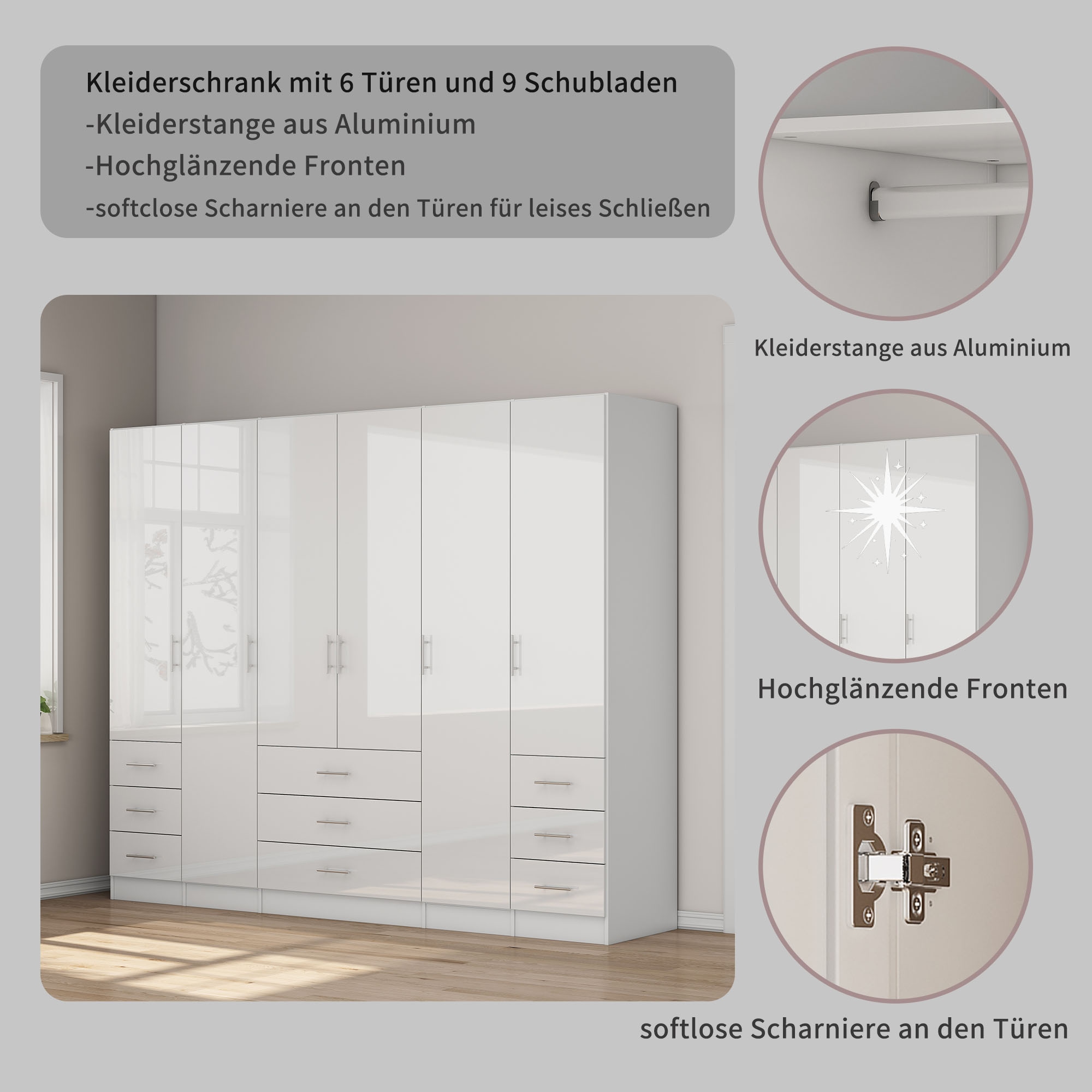 GOODproduct Kleiderschrank »Trento Schlafzimmerschrank Garderobe hochglanz« Schrank mit 6 Türen und 9 Schubladen, höchglänzende Fronten