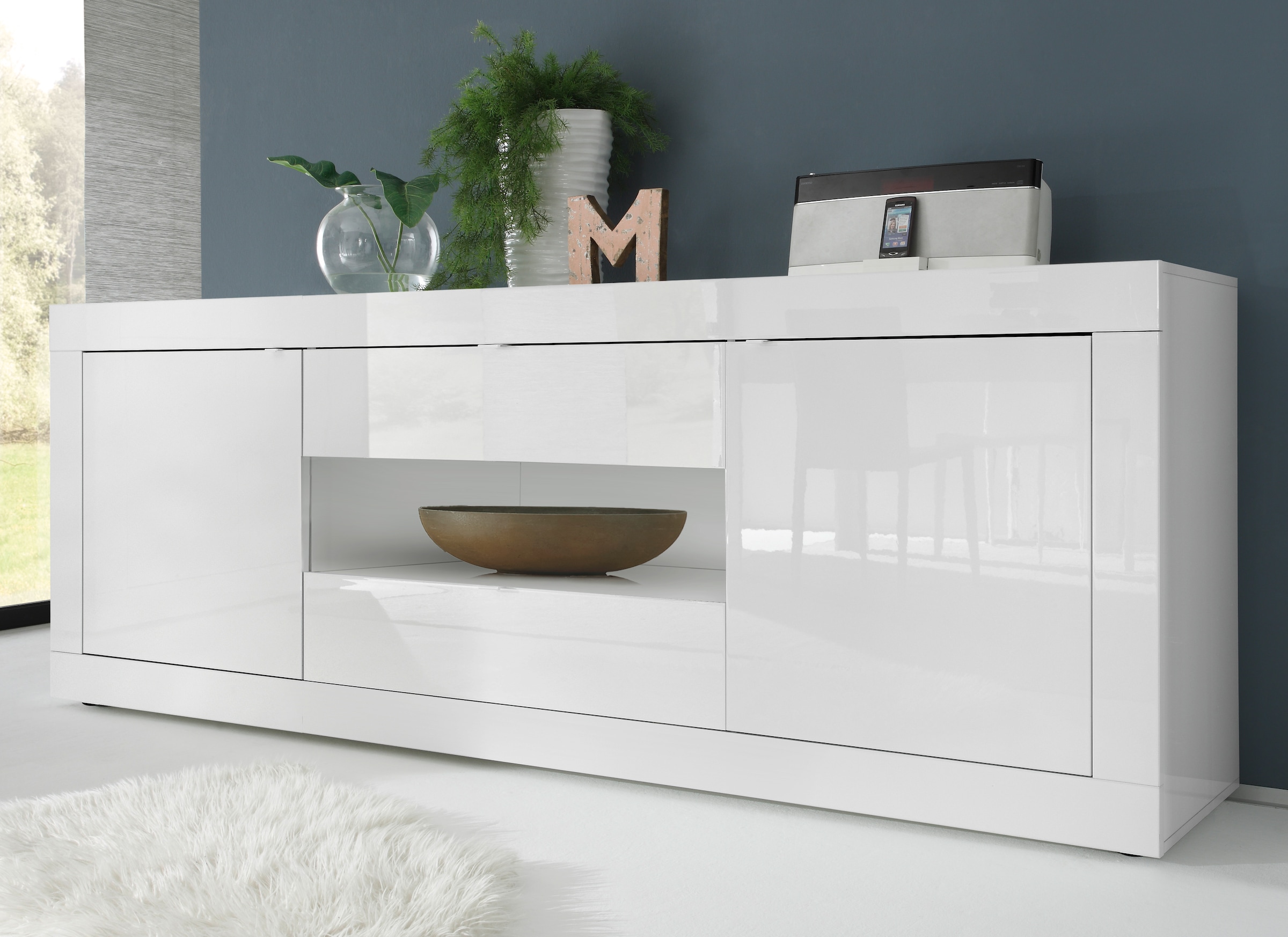 Image of Home affaire Sideboard "Basic Breite 240 cm, Kommode 2 Türen, 2 Schubkästen, Anrichte," Weiss HochglanzLack, Metallgriff, moderne Rahmenoptik, viel Stauraum