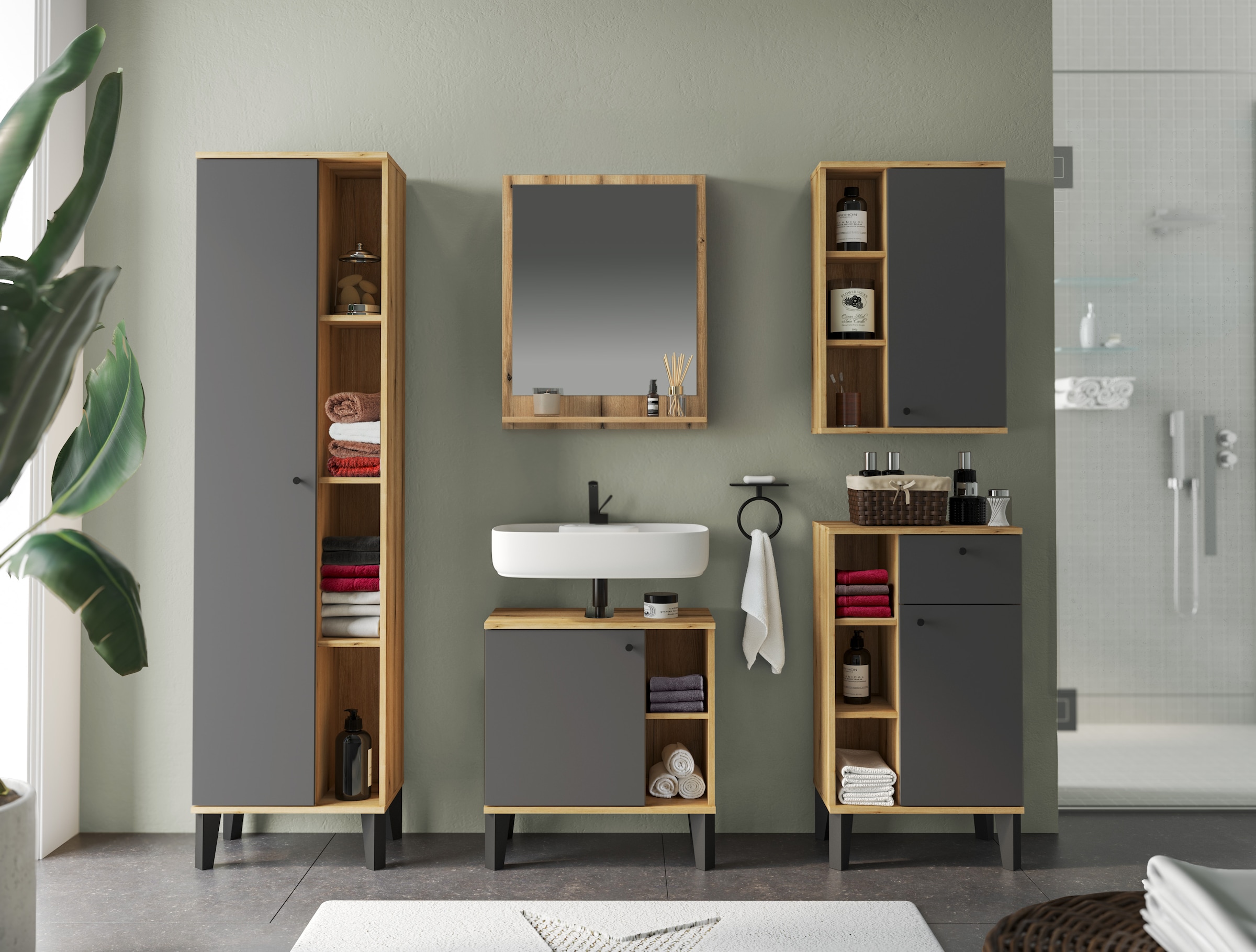 INOSIGN Badmöbel-Set »OSLO, Bad im skandinavischen Design, 5-teiliges Badezimmer« Set, 5 Stk. tlg.