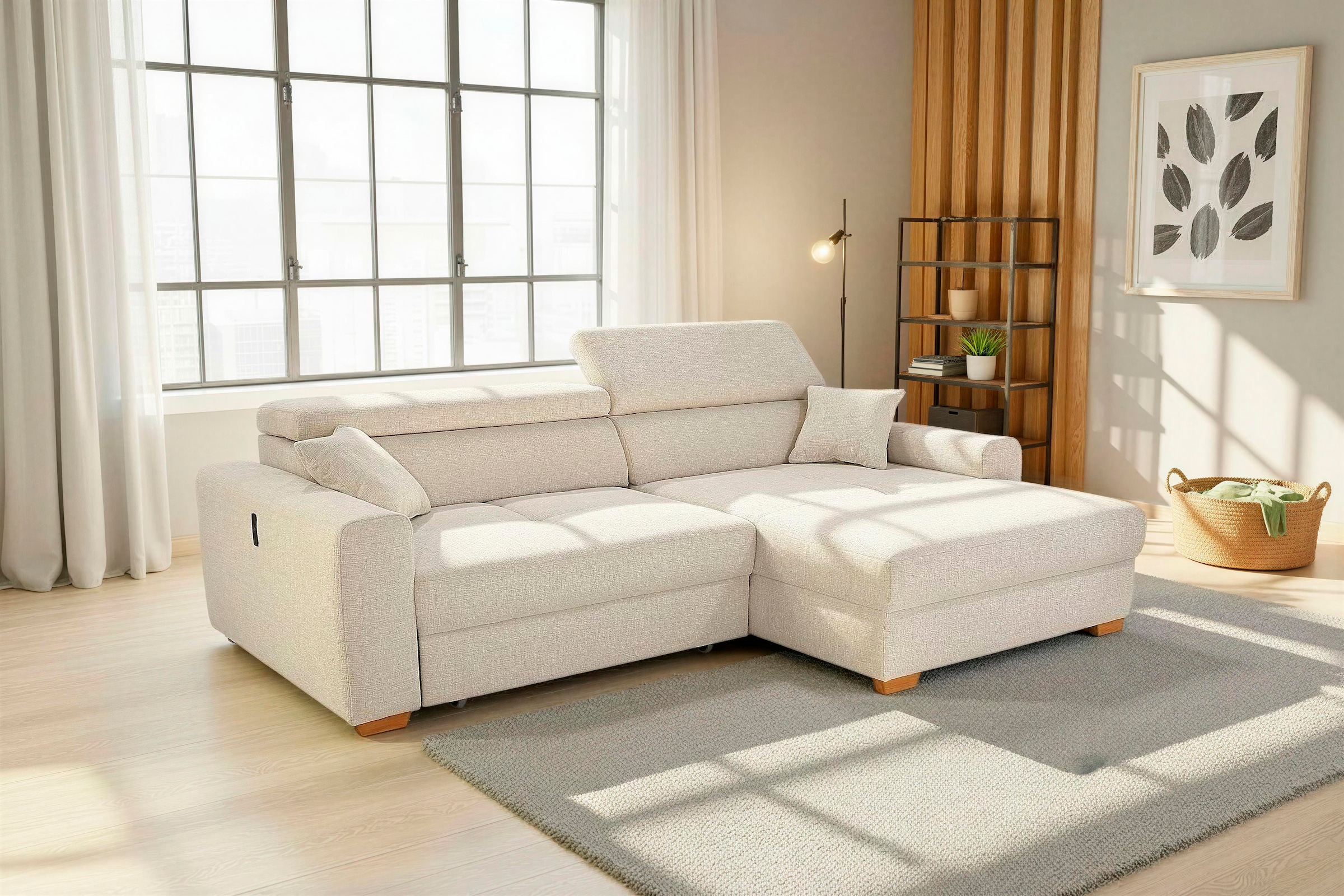 Jockenhöfer Gruppe Canapé d'angle »Slider L-Form, B: 277 cm, mit 60 cm elektr. Sitztiefenverstellung« capacité 140kg, connexion USB, réglage de la tête & coussin décoratif
