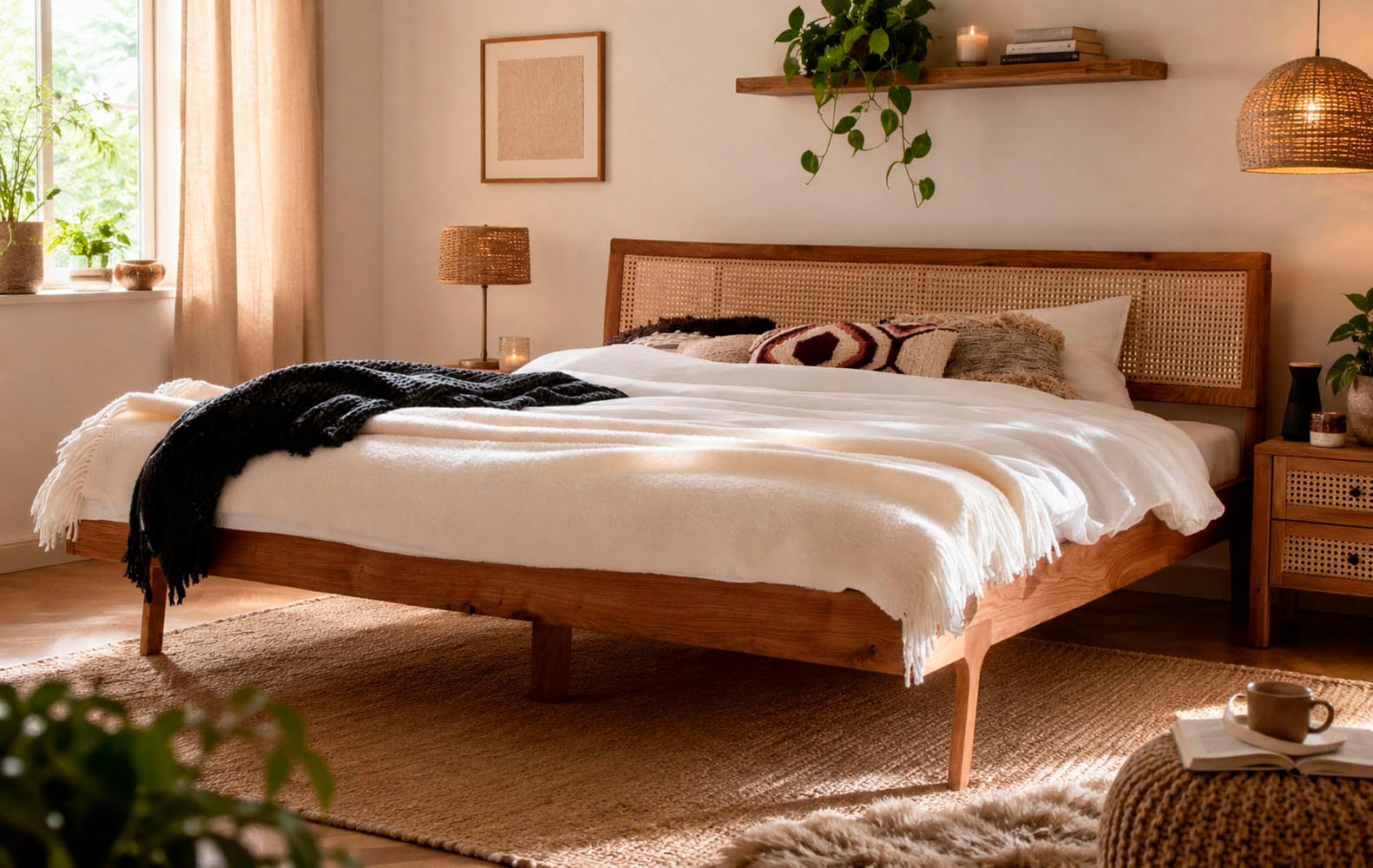 GOODproduct Massivholzbett »Hällevik, Kopfteil höhenverstellbar, Eiche massiv, mit Wiener Geflecht« skandinavischer Stil, Made in EU, FSC®-zertifiziert, sehr stabil