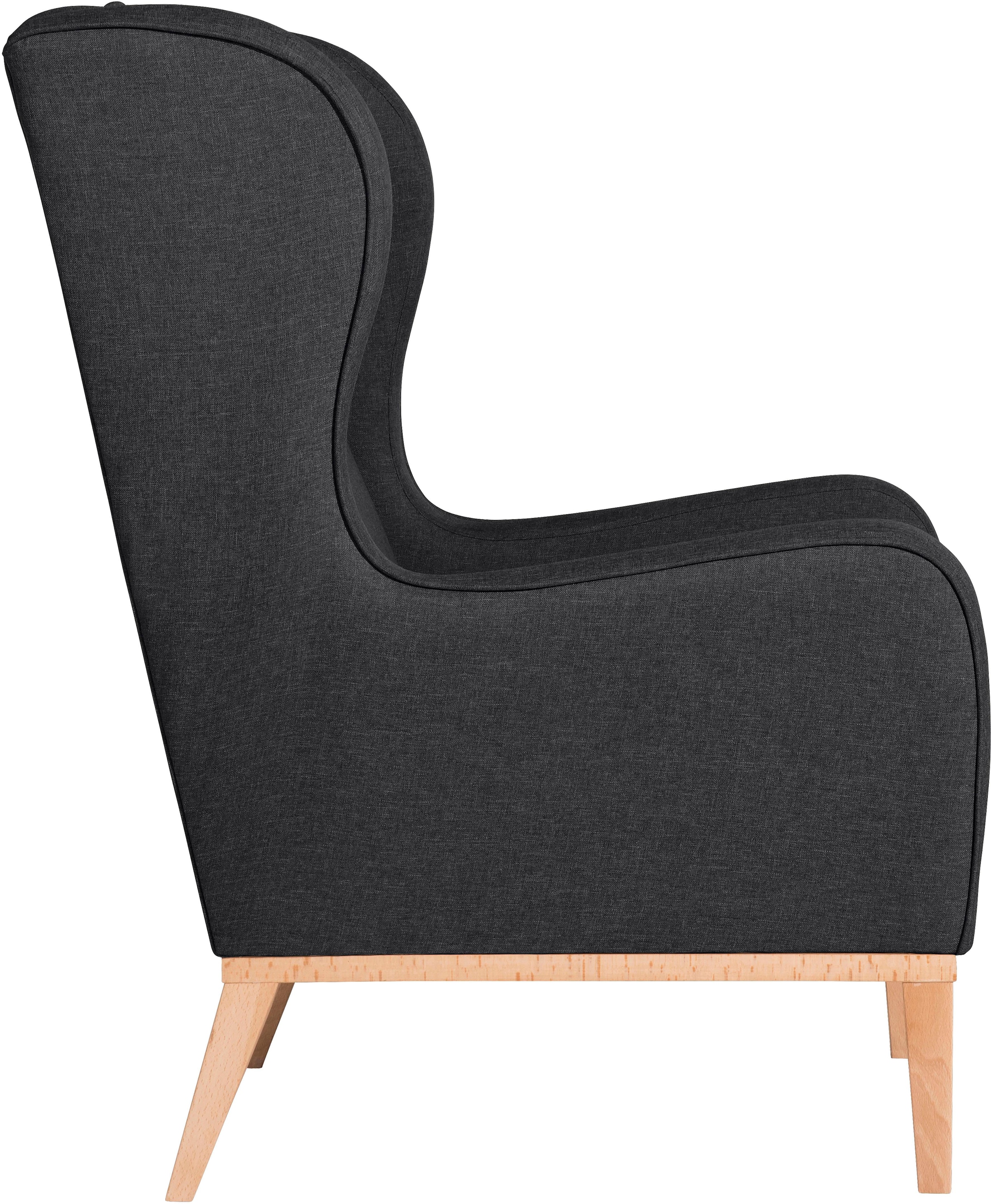 Max Winzer® Ohrensessel »Anthony eleganter Hochlehner, Designsessel, bequem und komfortabel«, mit umlaufendem Holzsockel & Kedernaht, Solitärmöbel mit hohem Holzfuss