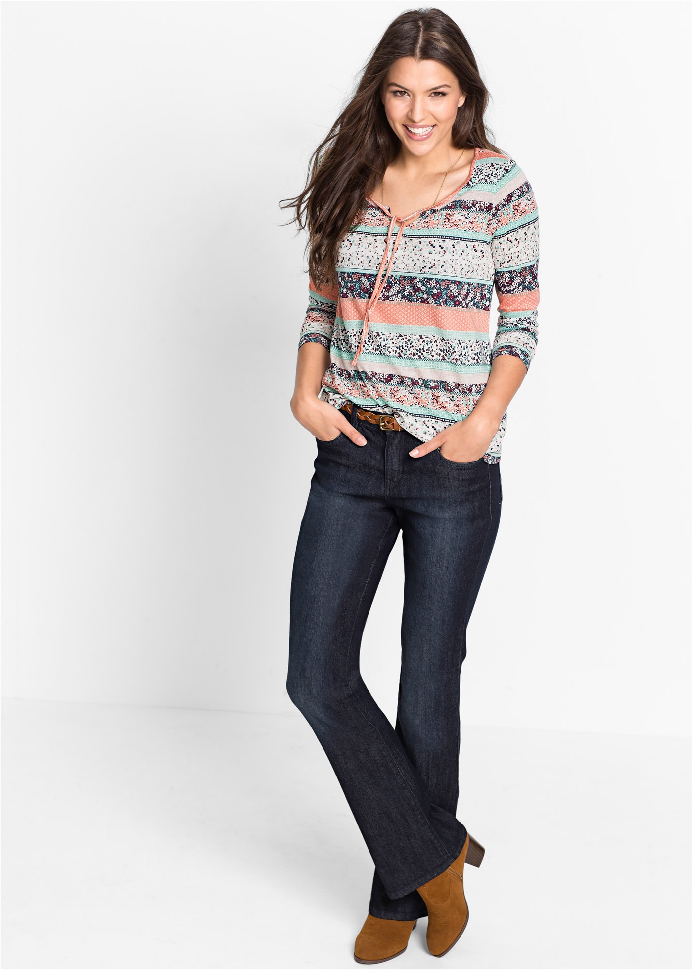 bonprix T-shirt tunique Langarm, mit Bindeband am Ausschnitt