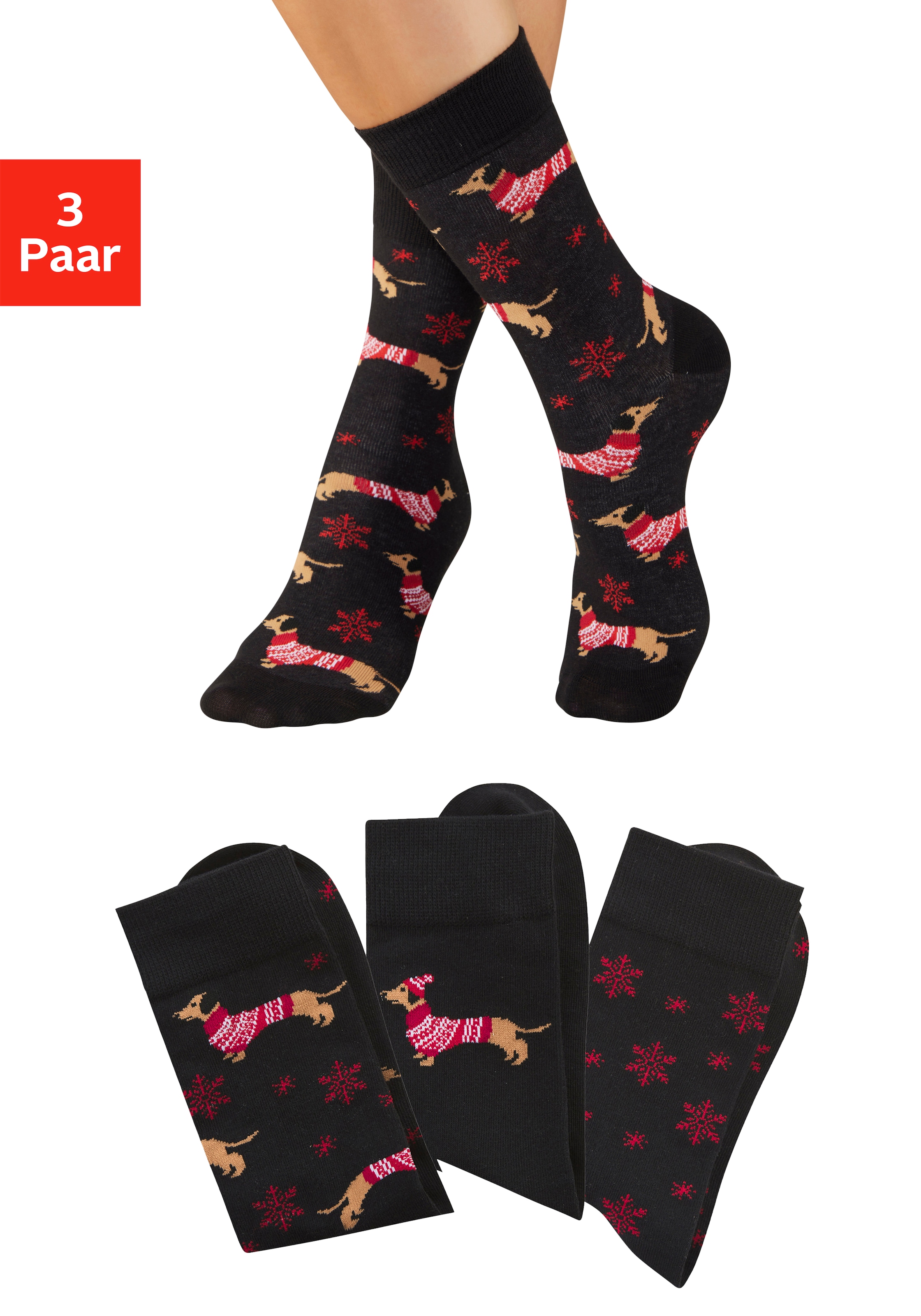 Image of LASCANA Socken "Damensocken Weihnachtssocken" Packung, 3 Paar tlg. mit weihnachtlichem Dackelmotiv