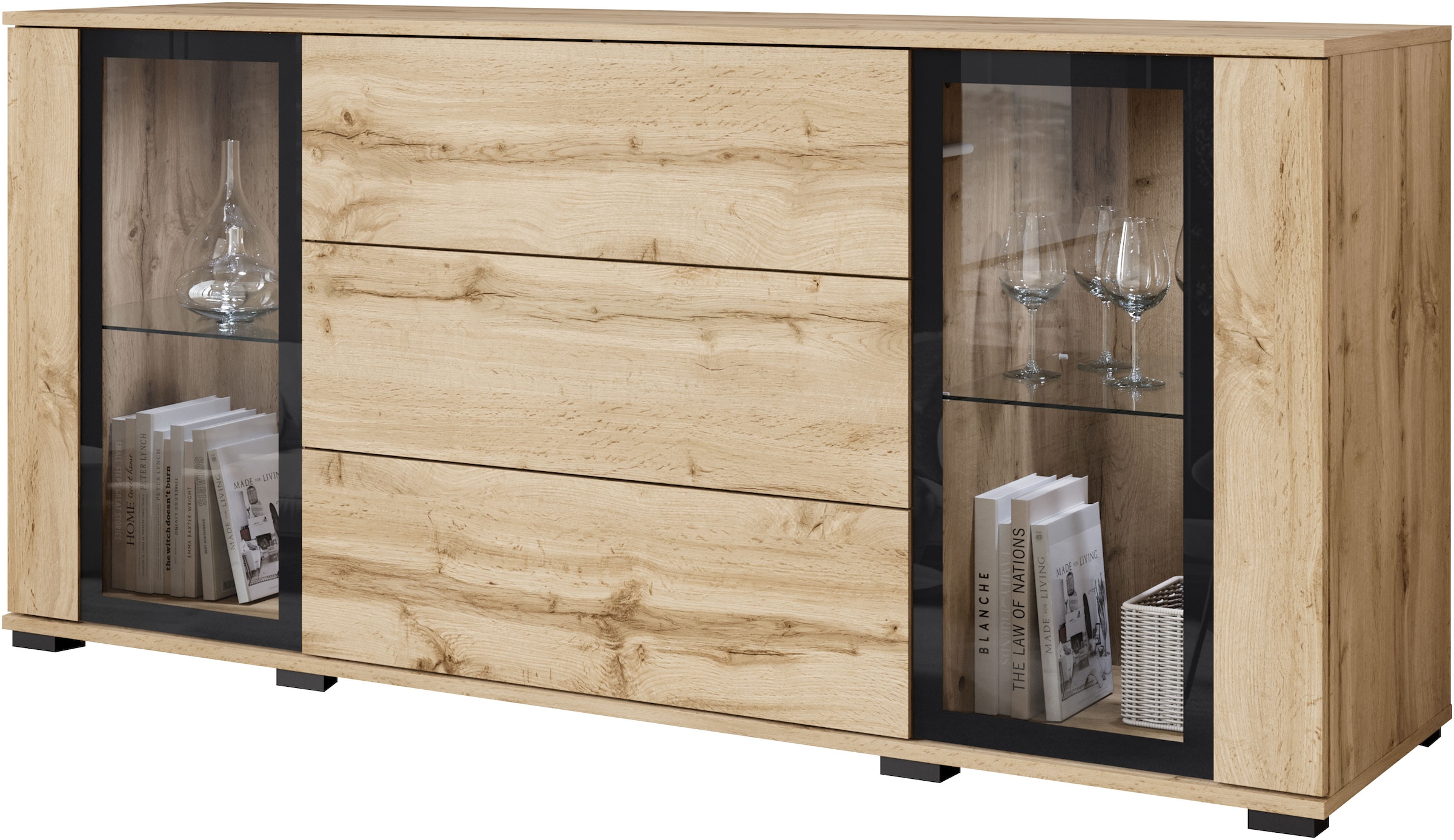 Home affaire Sideboard »modernes Design mit Glaseinsätzen und 3 Schubladen, Breite 150 cm« 1 Stk. tlg. Grifflose Fronten mit Push-to-Open, höhenverstellbare Einlegeböden,