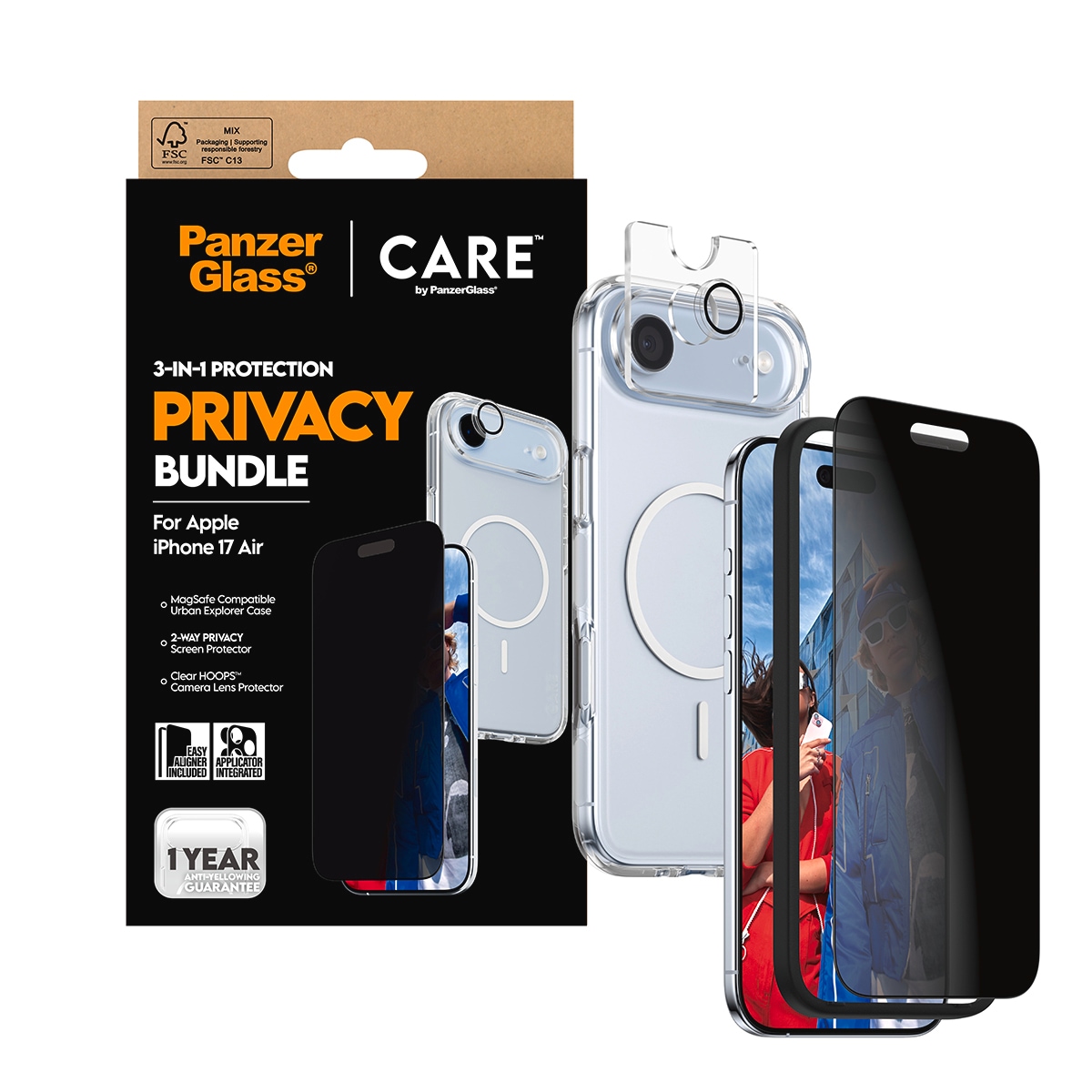 CARE by PanzerGlass Handyhülle »3-in-1 Flagship Privacy Bundle Apple iPhone 17 Air« Apple iPhone 17 Air Backcover, Schutzhülle, Handyschutzhülle, Case, Schutzcase, stossfest