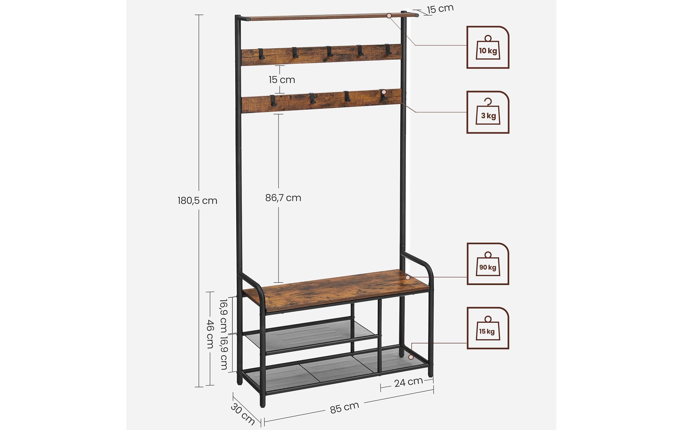 VASAGLE Garderobenständer »mit Schuhregal 85 cm x 180.5 cm« Garderobenständer mit Schuhbank und neun Haken