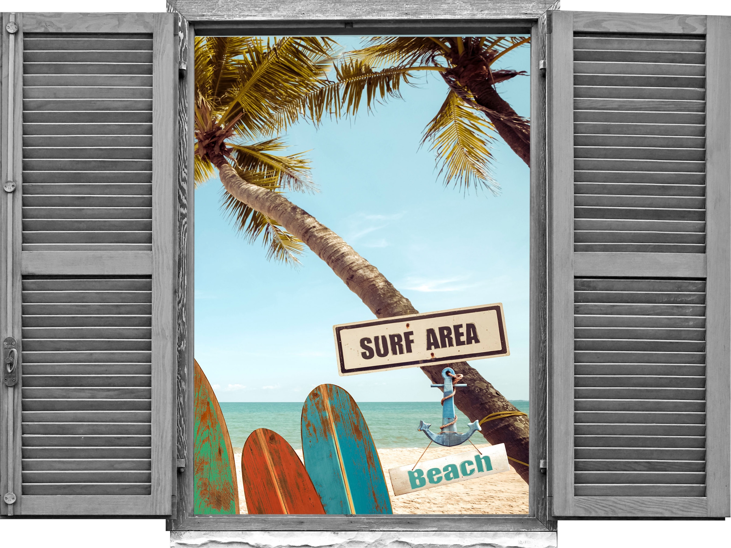Image of queence Wandtattoo "Surf Beach" Wandsticker, Wandbild, selbstklebend, 3D, Fenster
