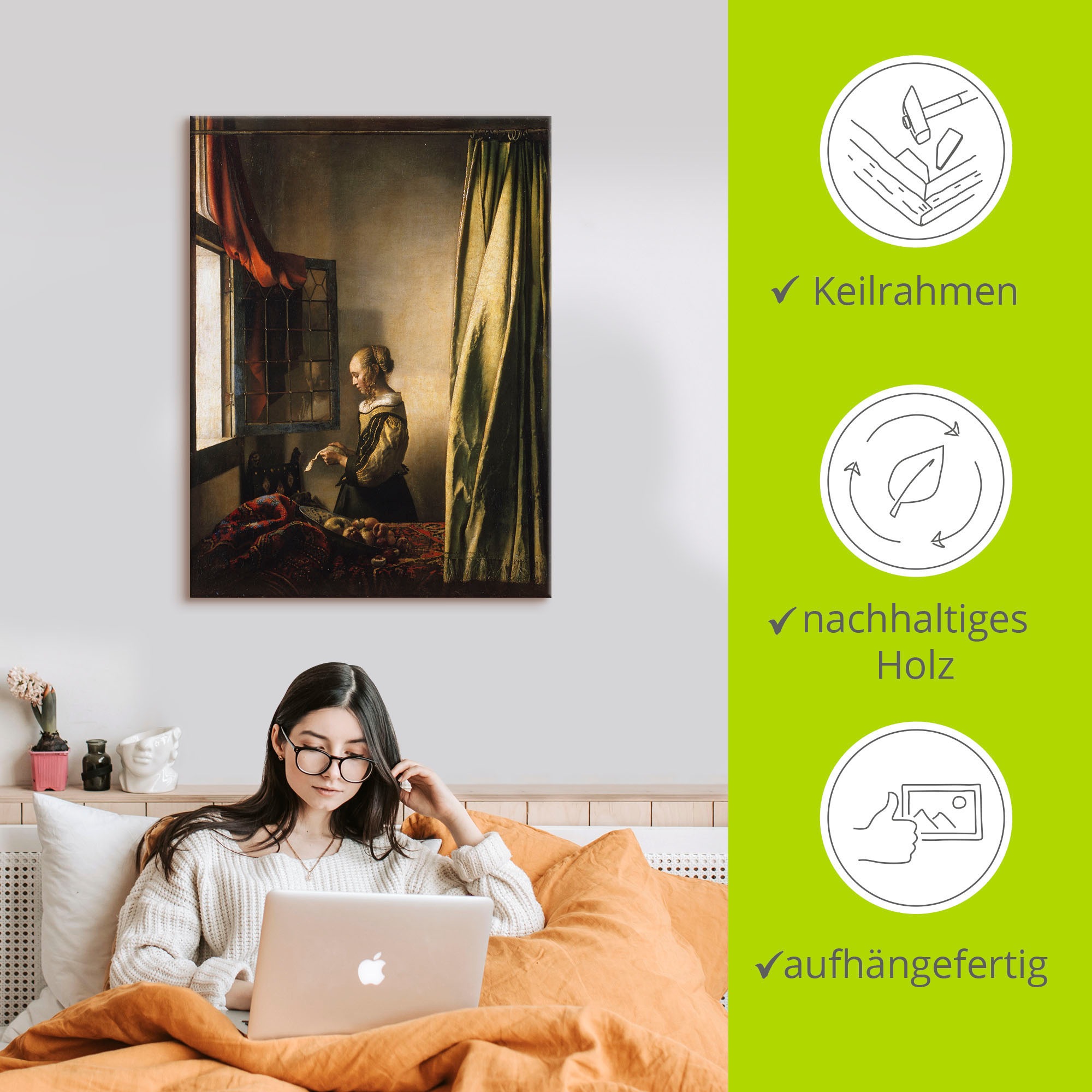 Artland Leinwandbild »Briefleserin am offenen Fenster. Um 1658« Frau 1 Stk. tlg. auf Holzrahmen gespannt