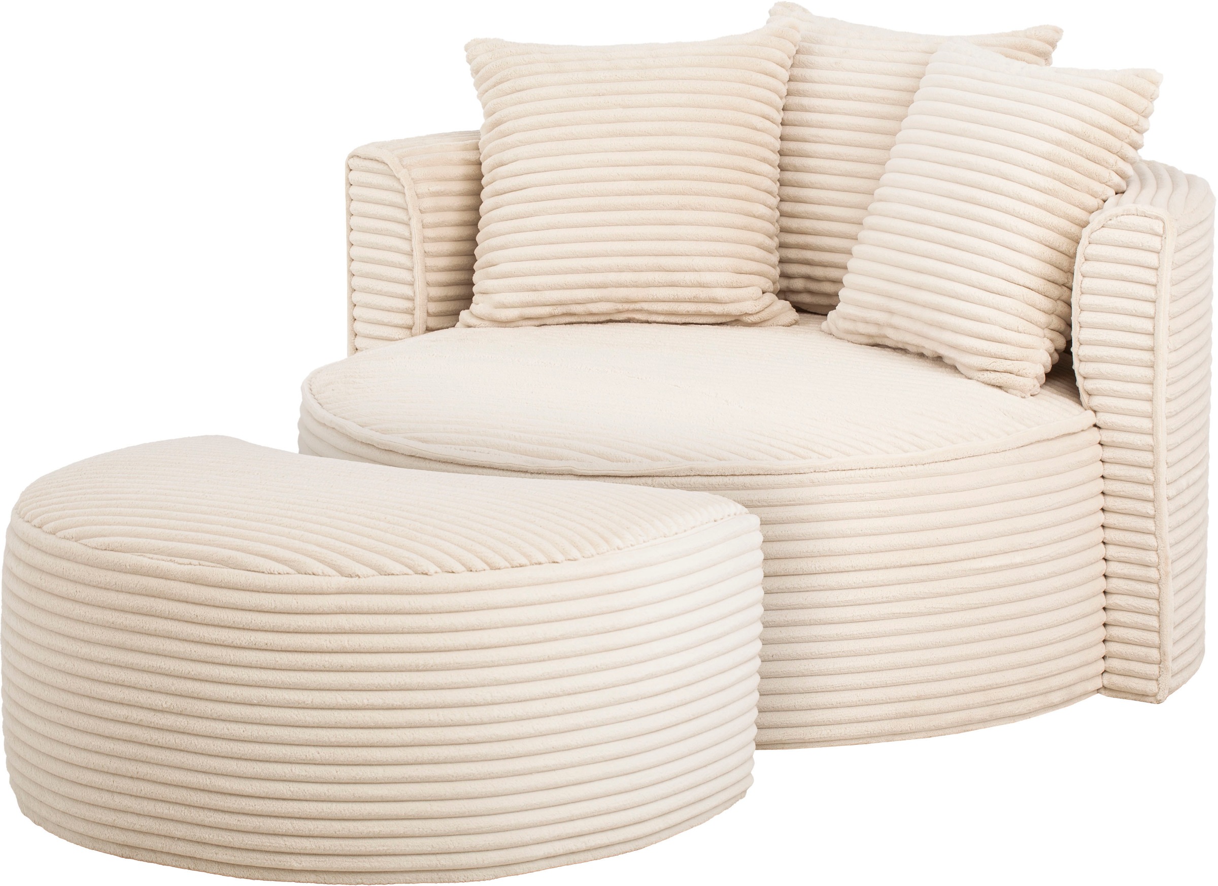 LeGer Home by Lena Gercke XXL-Sessel »Isalie, Rundsessel mit Hocker, Lesesessel, Loveseat, Big-Sessel«, (Set), trendige Stoffe, mit 3 Zierkissen, grosse Sitzfläche