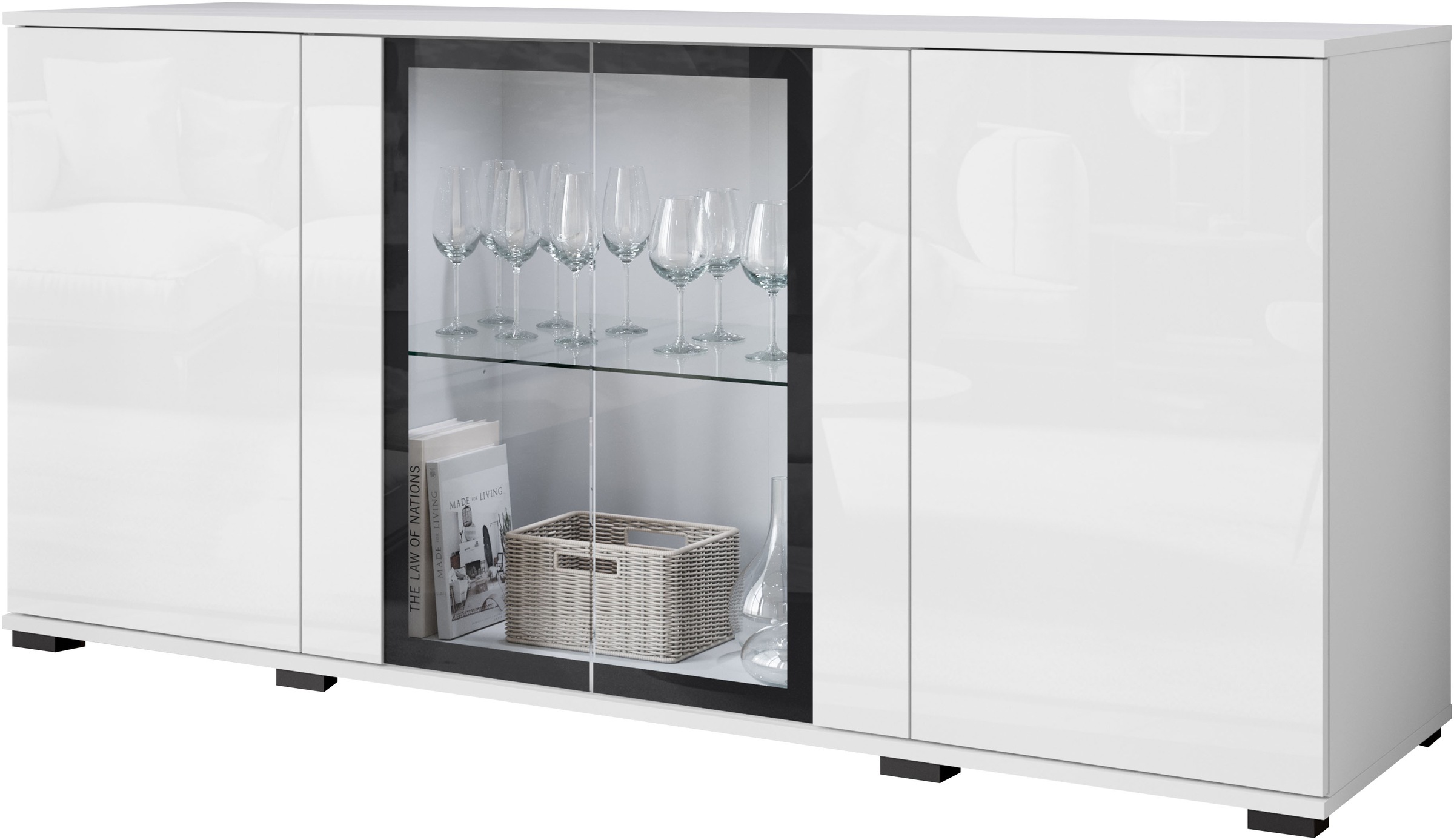 Home affaire Sideboard "Caro, modernes Design mit Glaseinsätzen, Breite 150 cm" 1 Stk. tlg. Grifflose Fronten mit Push-to-Open, höhenverstellbare Einlegeböden