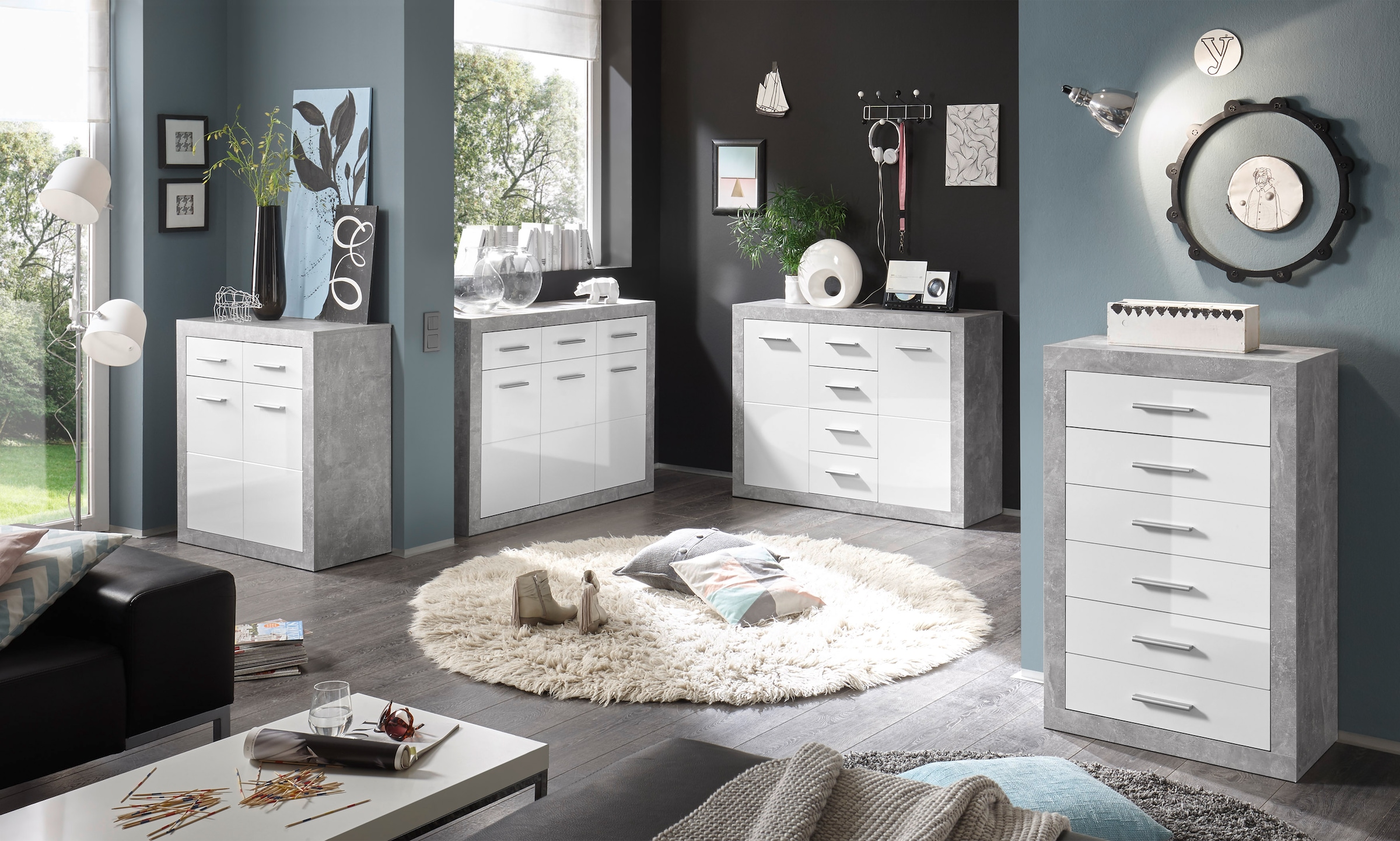 HBZ Kommode »Stone 2 weiss Glanz, BxHxT 82x88x37 cm«, Kommode mit 2 Türen, 2 Schubkästen und 1 Einlegeboden