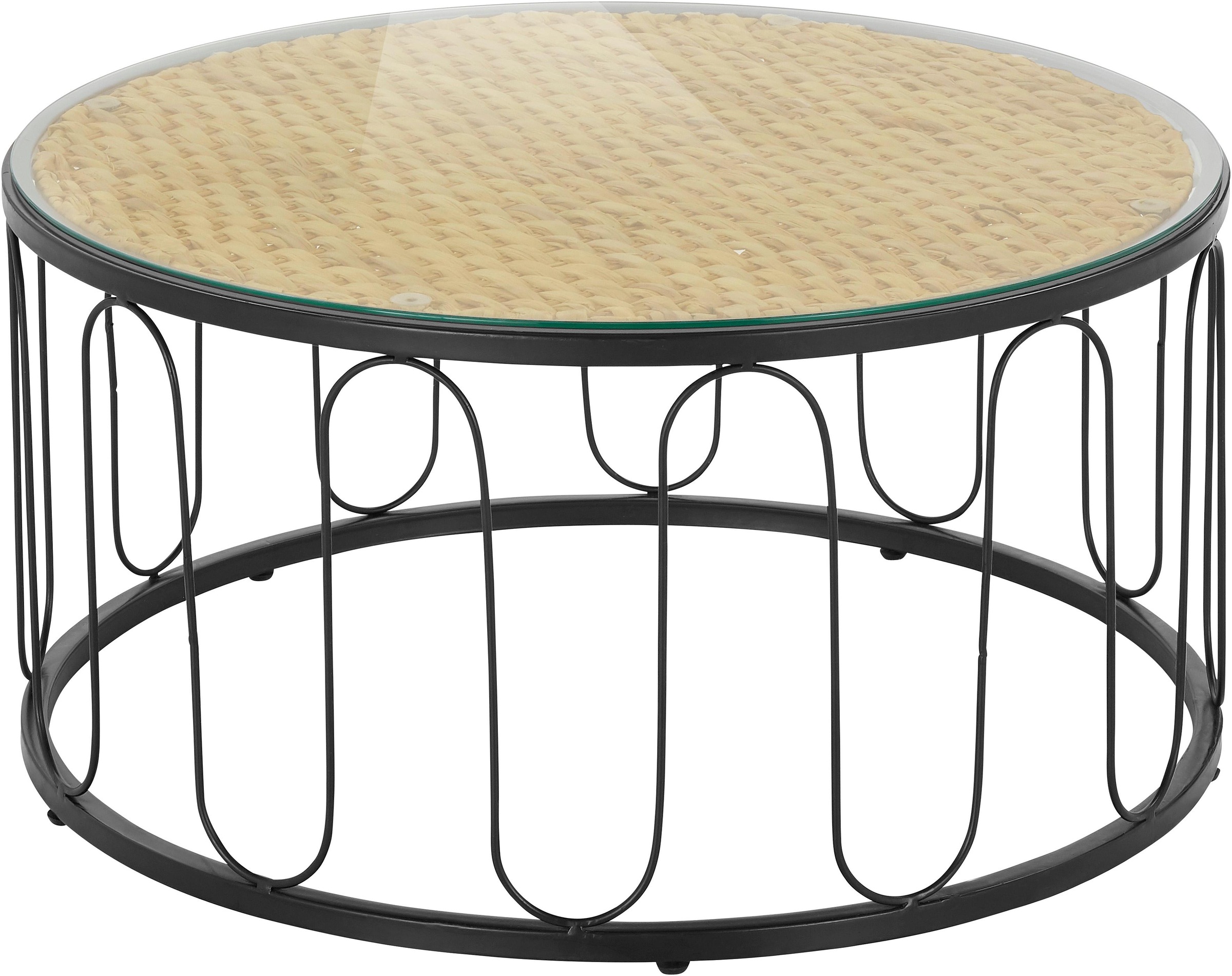 Image of Home affaire Couchtisch »Sudbury«, aus geflochtener Wasserhyazinthe, mit einer Glastischplatte, mit einem schwarzen Metallgestell, Durchmesser 80 cm bei Ackermann Versand Schweiz