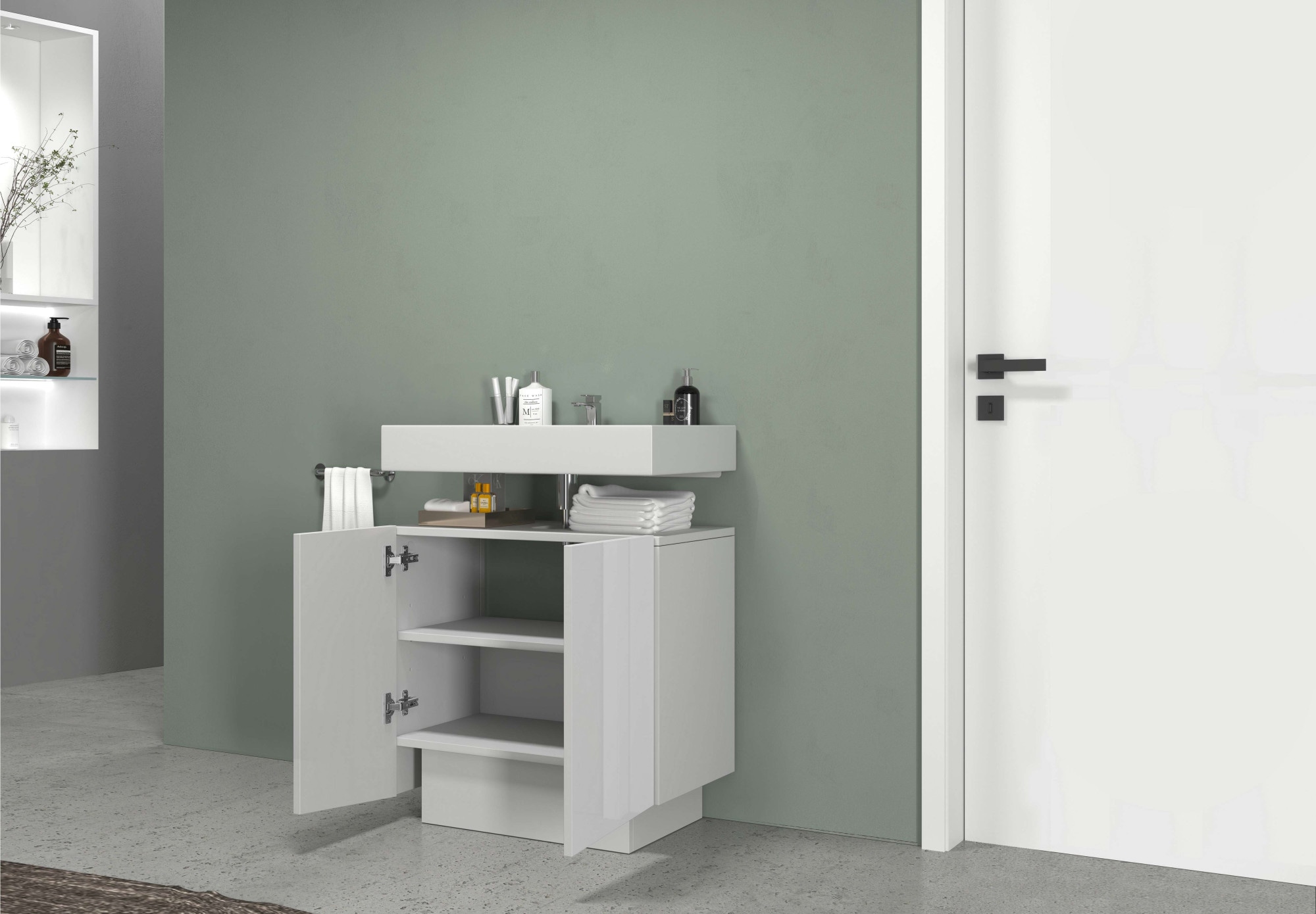welltime Armoire sous lavabo »Vela,Breite 60cm, 2 Türen, 2 Fächer, mit Siphonausschnitt, lackiert« 1 cuis tlg. meuble sous-lavabo, plan vasque, design avec portes inclinées