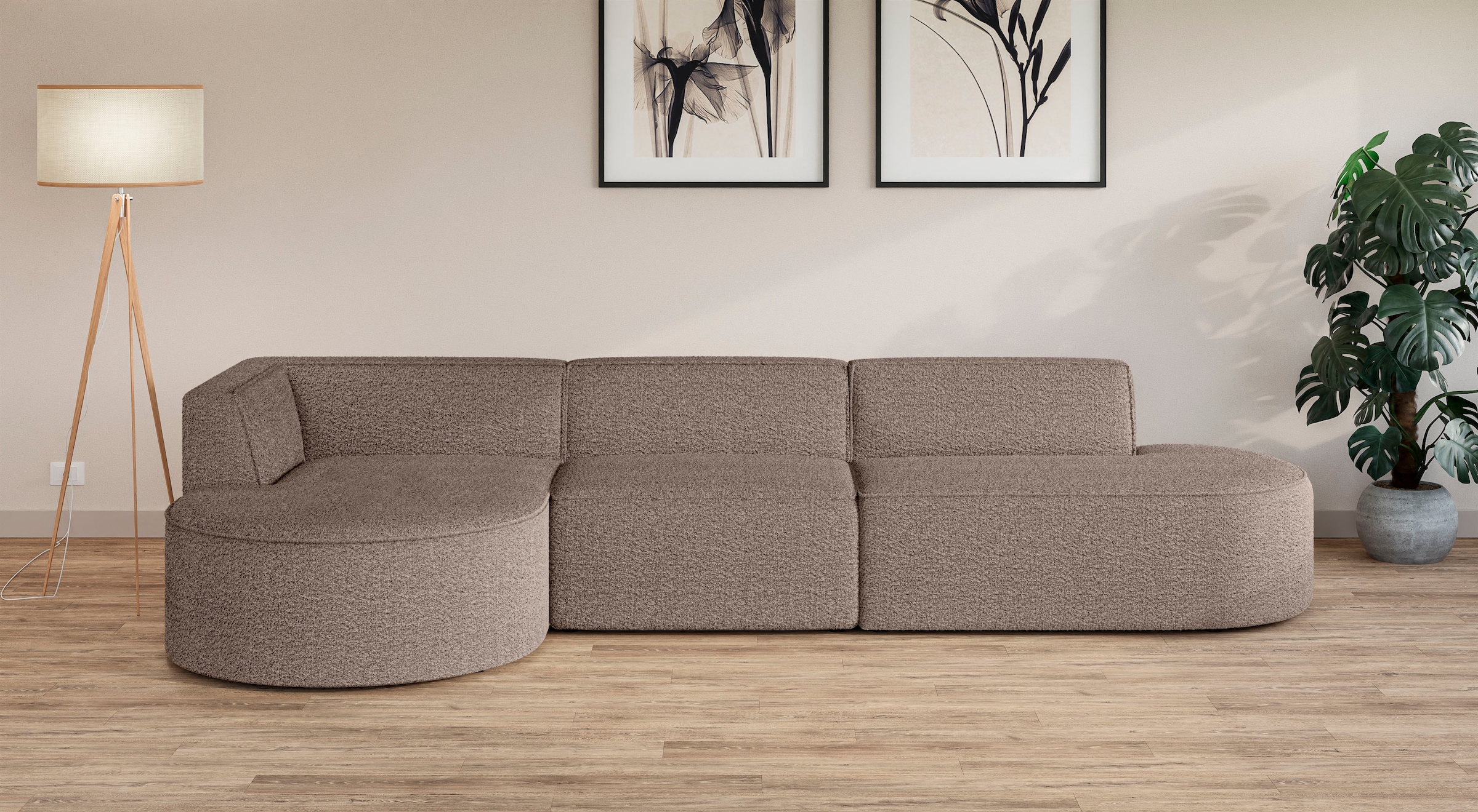 andas Ecksofa »Ecksofa EIVIND mit Ottomane rechts/links, Masse: B/H/T 343/159/72 cm«, L-Form mit Wellenunterfederung, auch in Feincord und Bouclé