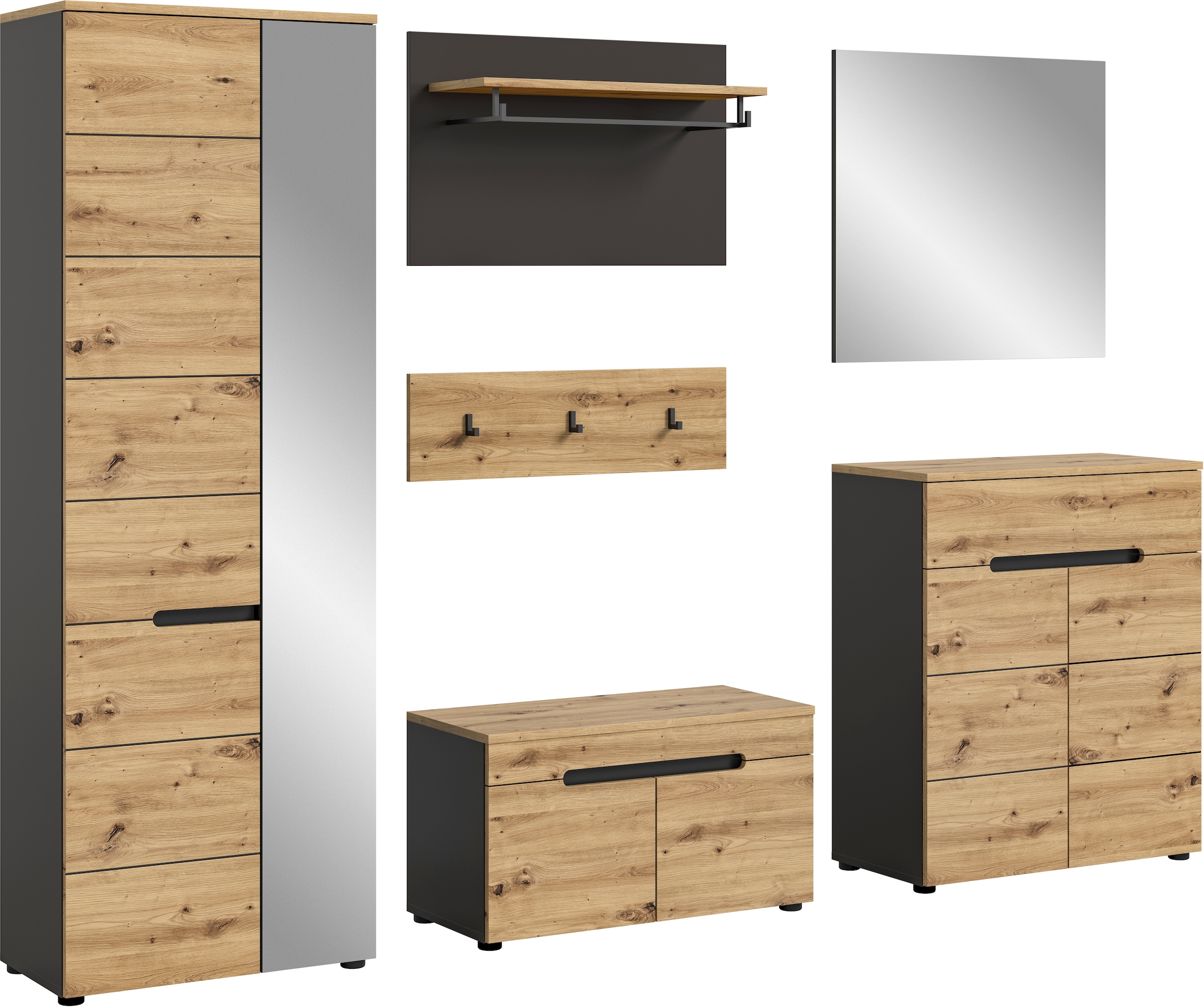 Image of Home affaire Garderoben-Set "Rehat, Garderobenkombination, Breite 255cm" Garderobenschrank, Sitzbank, Paneel, Hakenleiste, Spiegel, Kommode, 6 Stk. tlg.