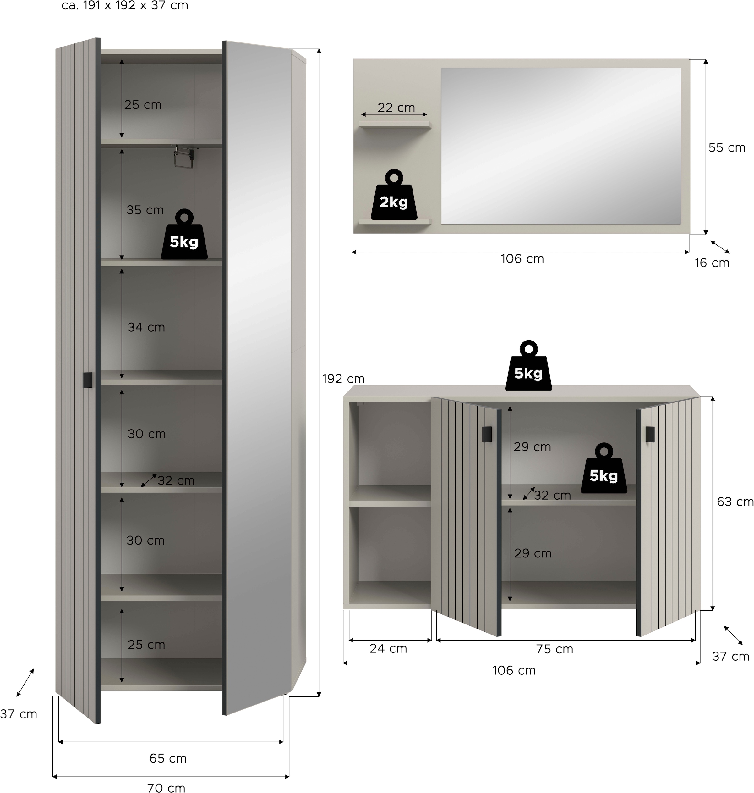 Home affaire Garderoben-Set »TATIO, 3-tlg. Garderobenkombination, Breite: 191 cm, Rillenfräsung« Set, Set, best. aus: 1 Spiegel, 1 Garderobenschrank, 1 Schuhkommode, 3 Stk. tlg.