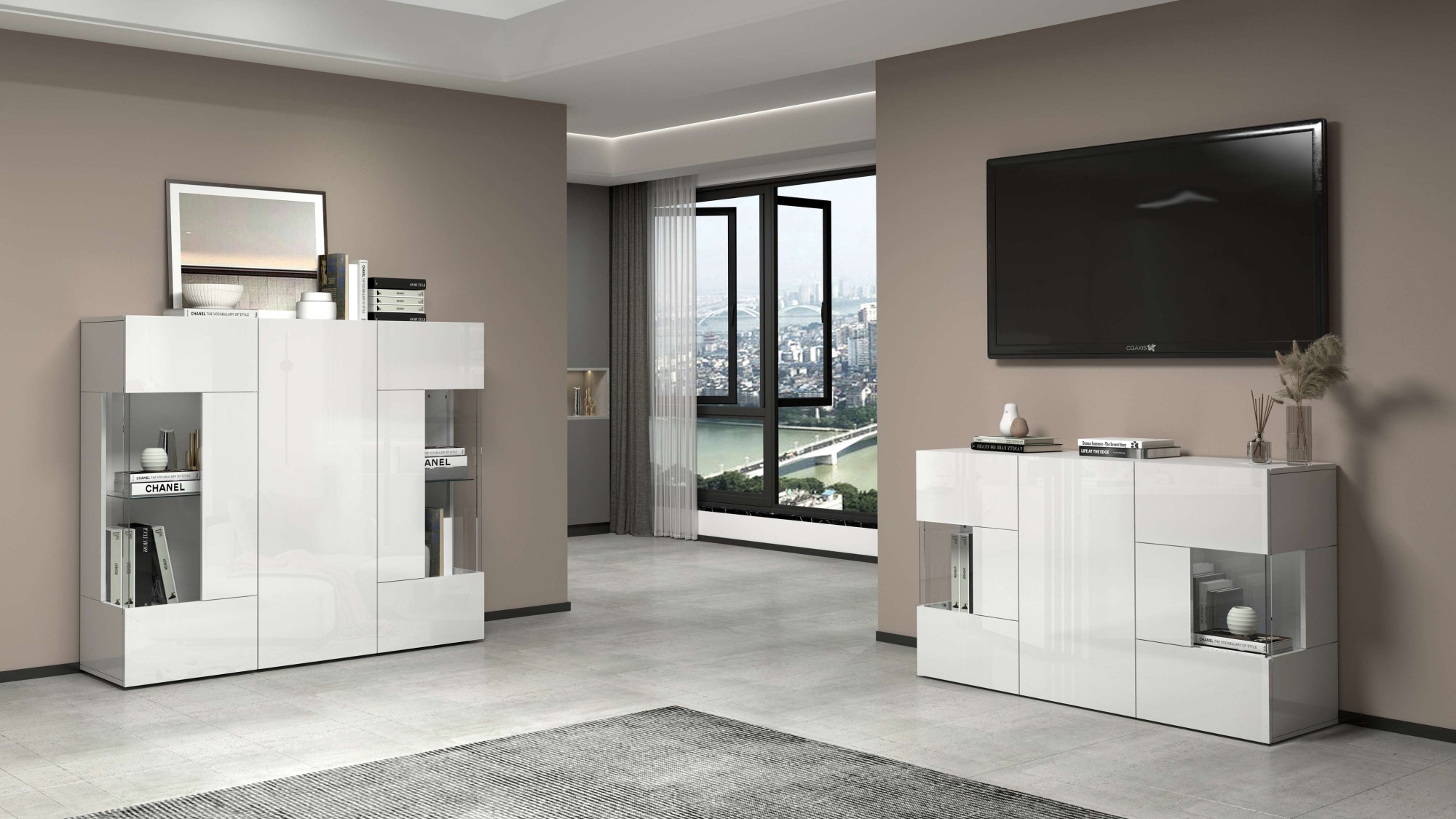 INOSIGN Highboard »Egypt, Highboard, Hochschrank, Hochkommode, Vitrine«, mit 3 Türen davon 2 mit Glaseinsatz,kompl. Hochglanz lack.,Breite 135