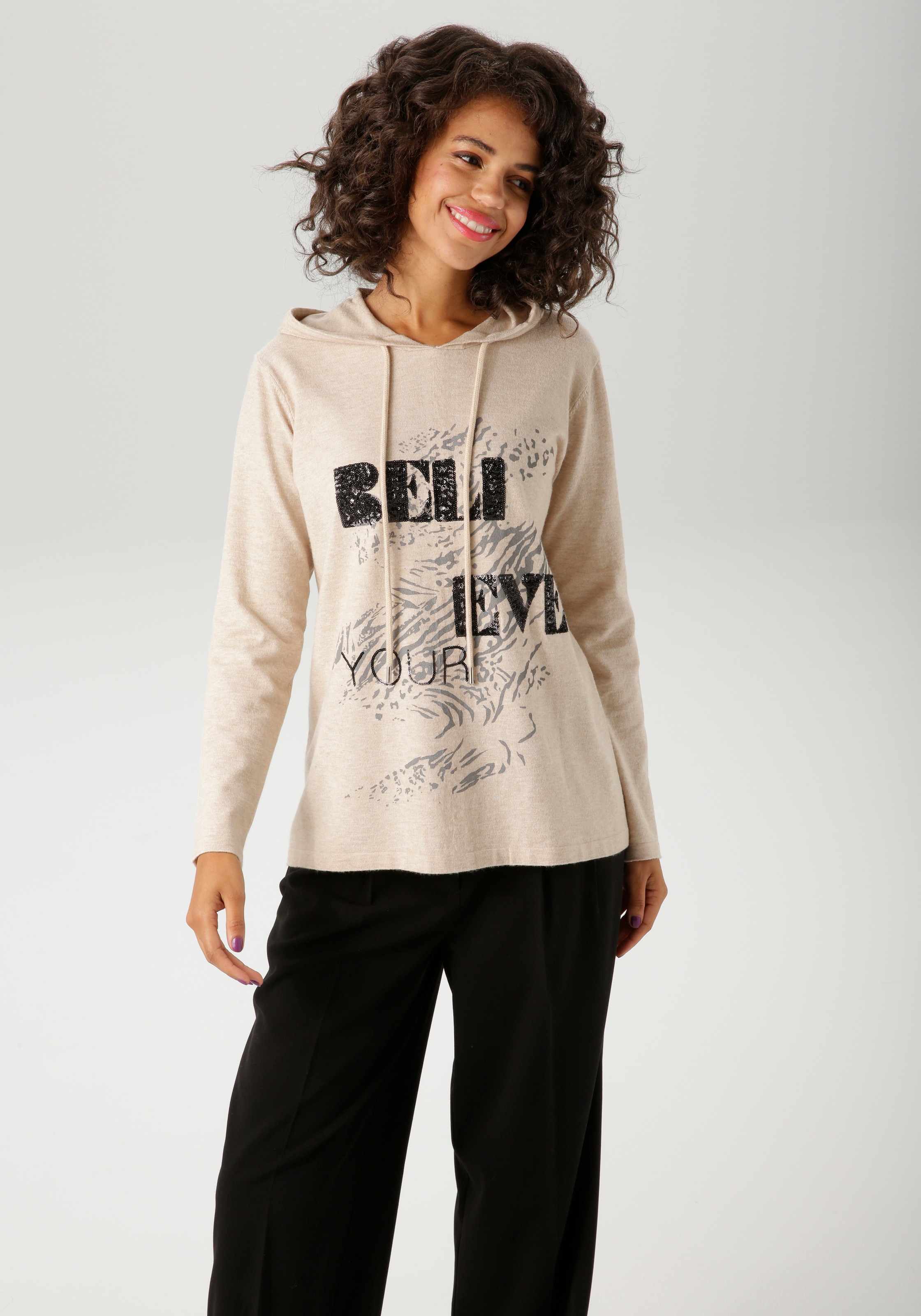 Image of Aniston CASUAL Strickpullover mit Pailletten-Schriftzug verziertem Vorderteil