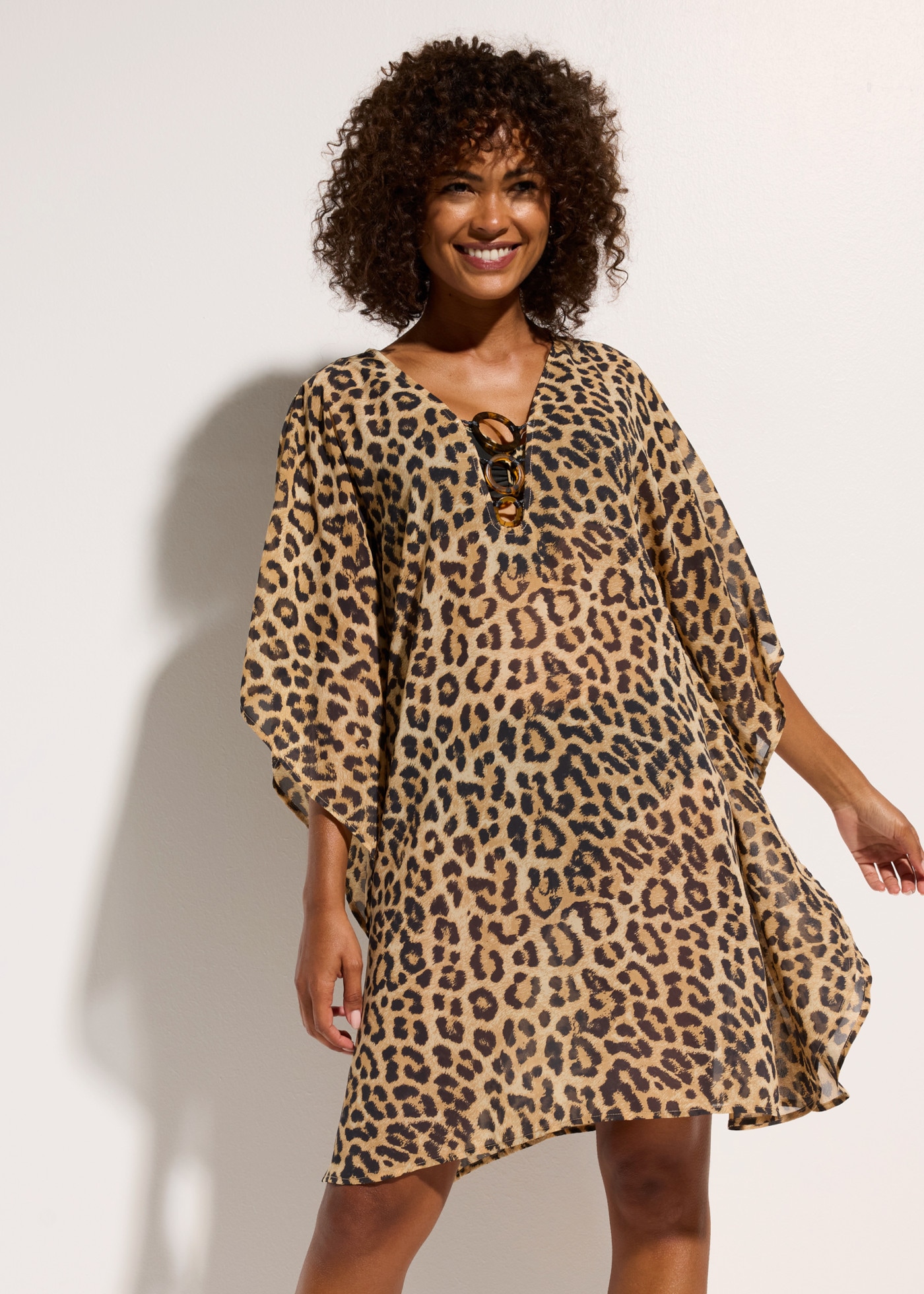 Image of bonprix Tunikakleid mit Leo Print, transparente Tunika, Loose Fit, Kurzarm-Design