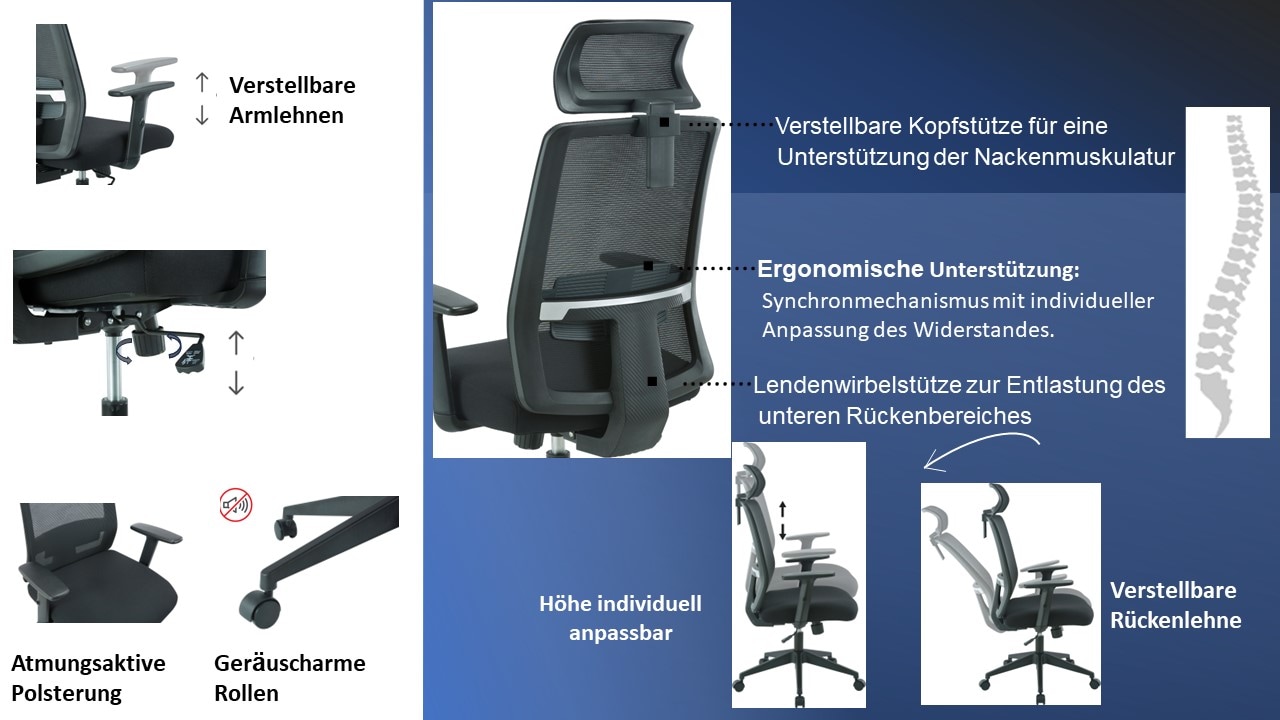 INOSIGN Bürostuhl »Tallard, Mesh Schreibtischstuhl, ergonomische Ausstattung«, Netzstoff, verstellbare Kopfstütze, Lumbalstütze & Armlehnen