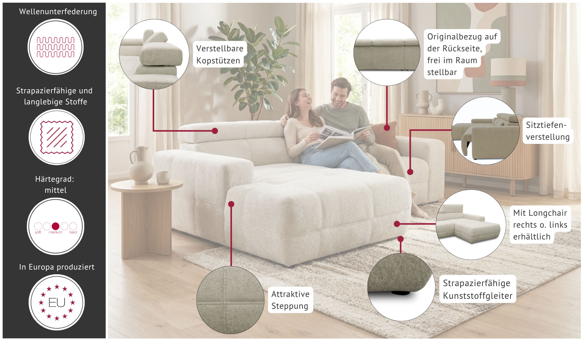 GOODproduct Ecksofa »Ballerup 211 x 175 cm, auch mit verstellbarer Sitztiefe« Kopfteile verstellbar, aus pflegeleichtem, weichem Bezugsstoff, L-Form