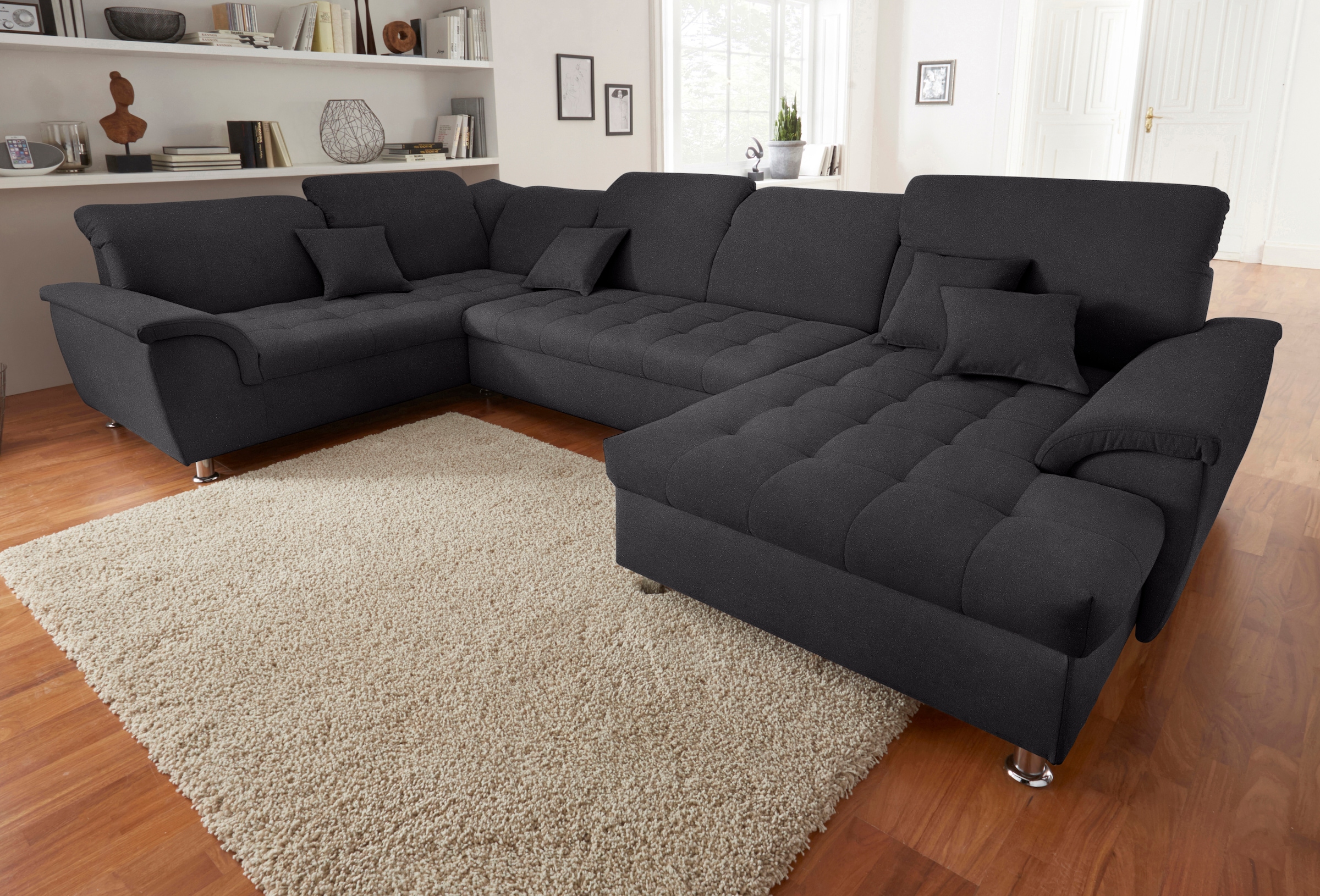 DOMO collection Wohnlandschaft »Franzi optional mit Bettfunktion, Bettkasten & Kopfteilverstellung«, XXL-Sofa, U-Form, belastbar bis 140kg/Sitz, graphite, Breite: 352cm