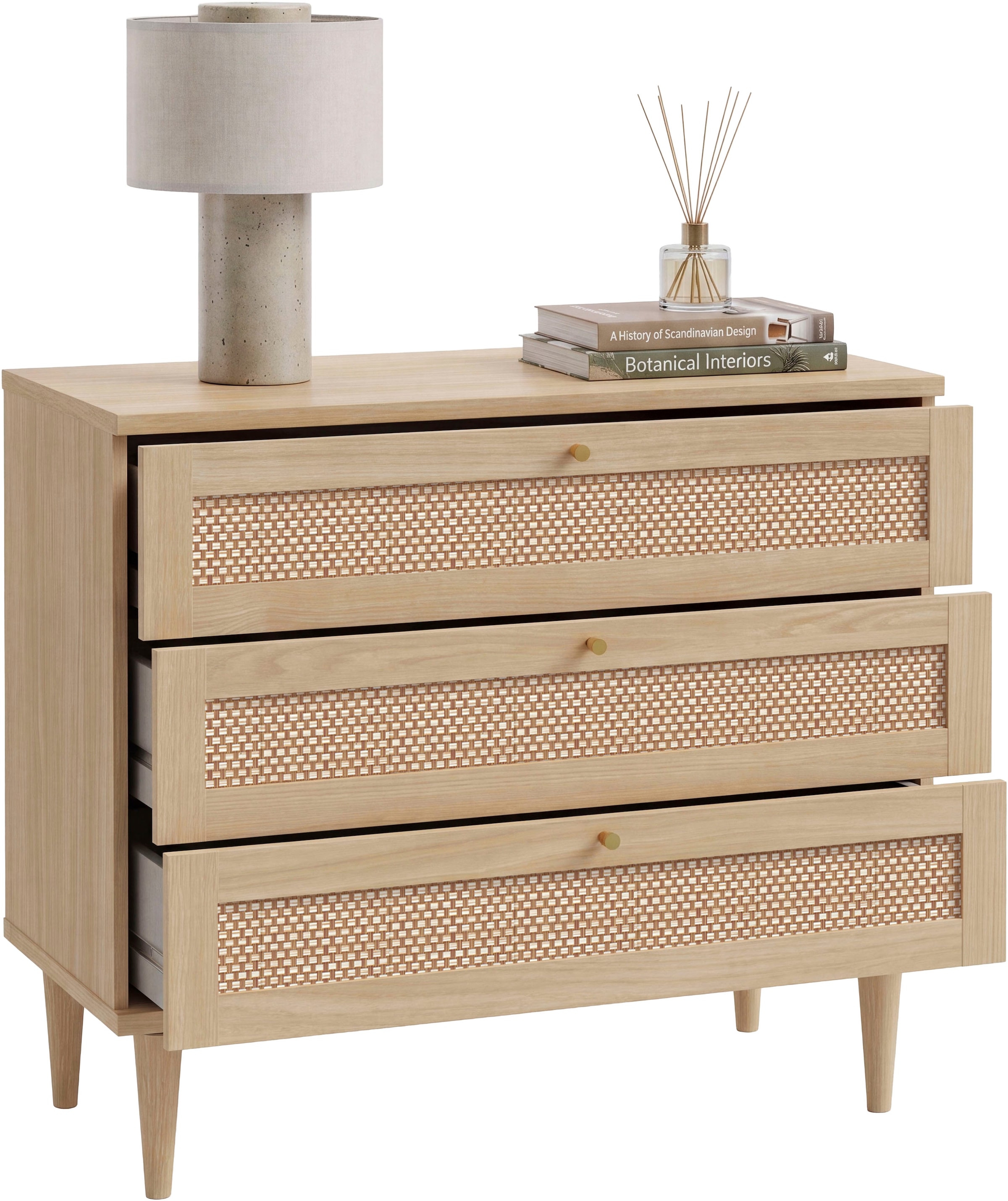 GOODproduct Kommode »ELLIAN mit Geflechtoptik warmes Holzdekor, 3 Schubkästen« Holzfüsse, Metallgriffe, Made in EU, viel Stauraum