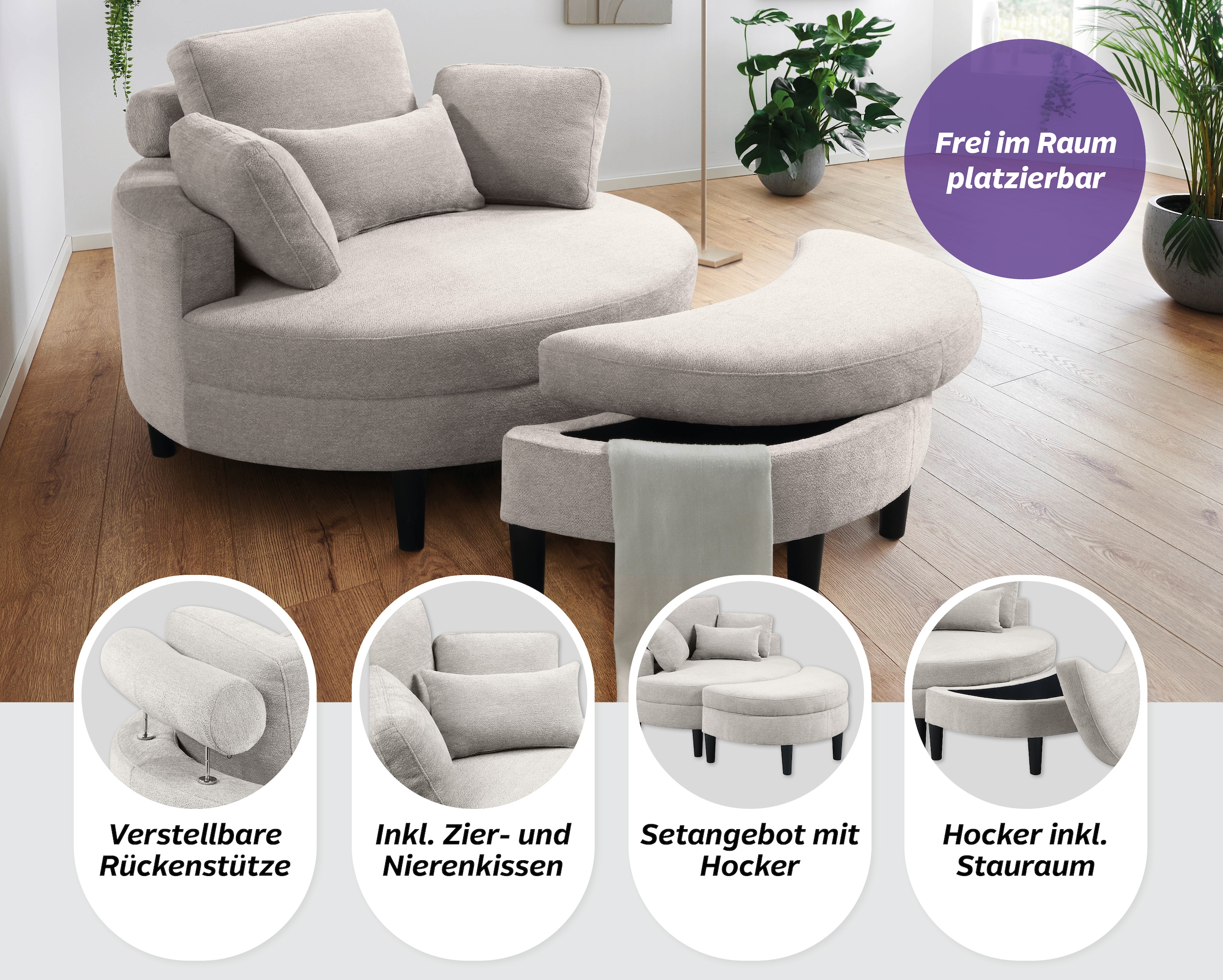 GOODproduct Loveseat »Ravi Sessel, B: 114 cm, Sitzhöhe: 42 cm« XXL- Sessel, mit Stauraumhocker, Rückenstütze & 4 Zierkissen