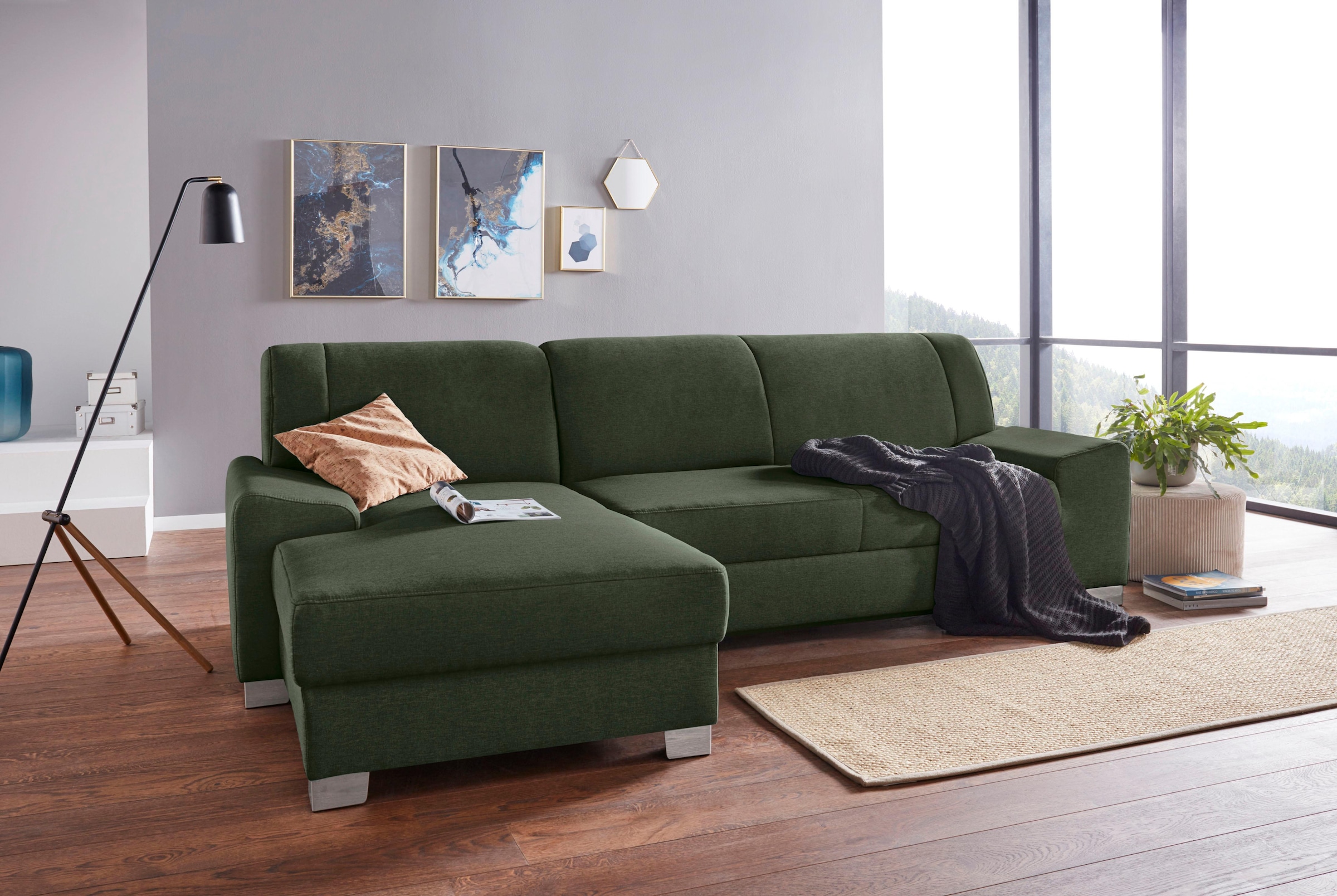 Image of DOMO collection Ecksofa "Anzio L-Form, whlw. Bettfunktion, Federkern, hochwertig, Breite 271 cm" Mit Bettfunktion, Recamiere links, Struktur fein, dunkelgrün