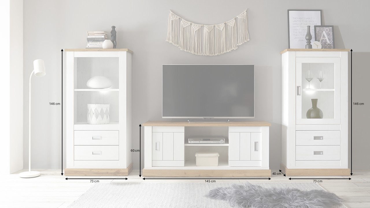 Home affaire Wohnwand »Orlando, moderne Anbauwand, Komplettset im Landhausstil«, (3 St., 1 Standregal. 1 Lowboard, 1 Vitrine), enthält Regal, Vitrine und Lowboard, 324 cm breit