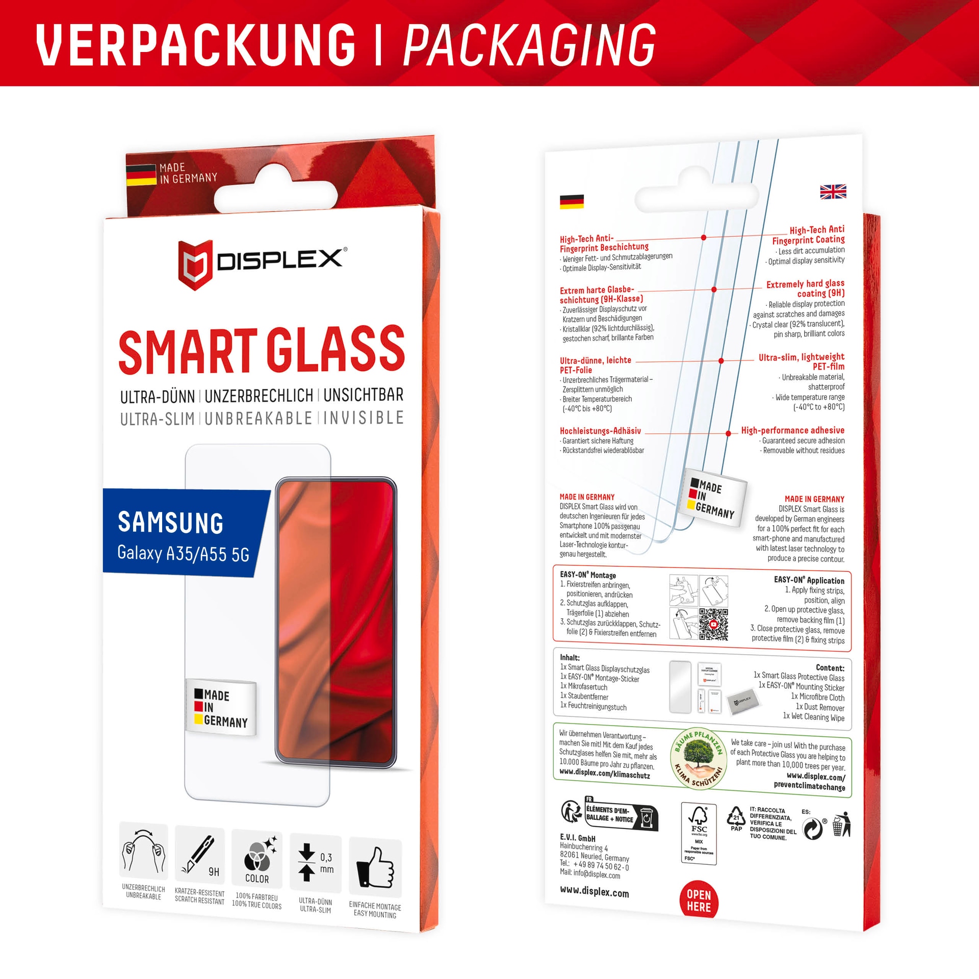 Displex Displayschutzglas »Smart Glass« für Samsung Galaxy A35;Samsung Galaxy A55 5G 1 Stk. tlg. Bildschirmschutz, Displayschutzfolie,Einfach anbringen,kratz-&stossfest