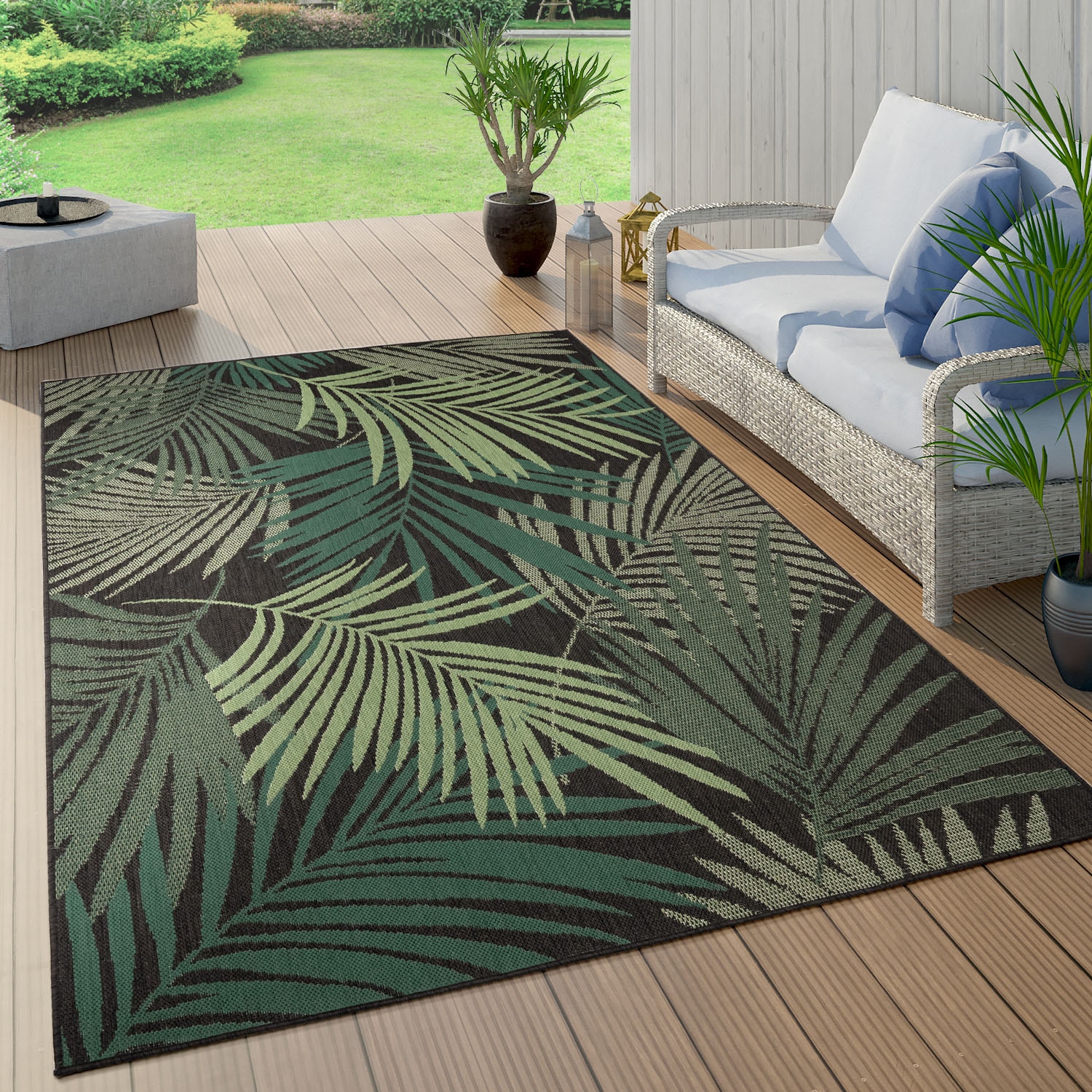 Image of Paco Home Teppich "Ostende 534" rechteckig 4 mm Höhe Flachgewebe, Motiv Palmenblätter, In- und Outdoor geeignet, Wohnzimmer