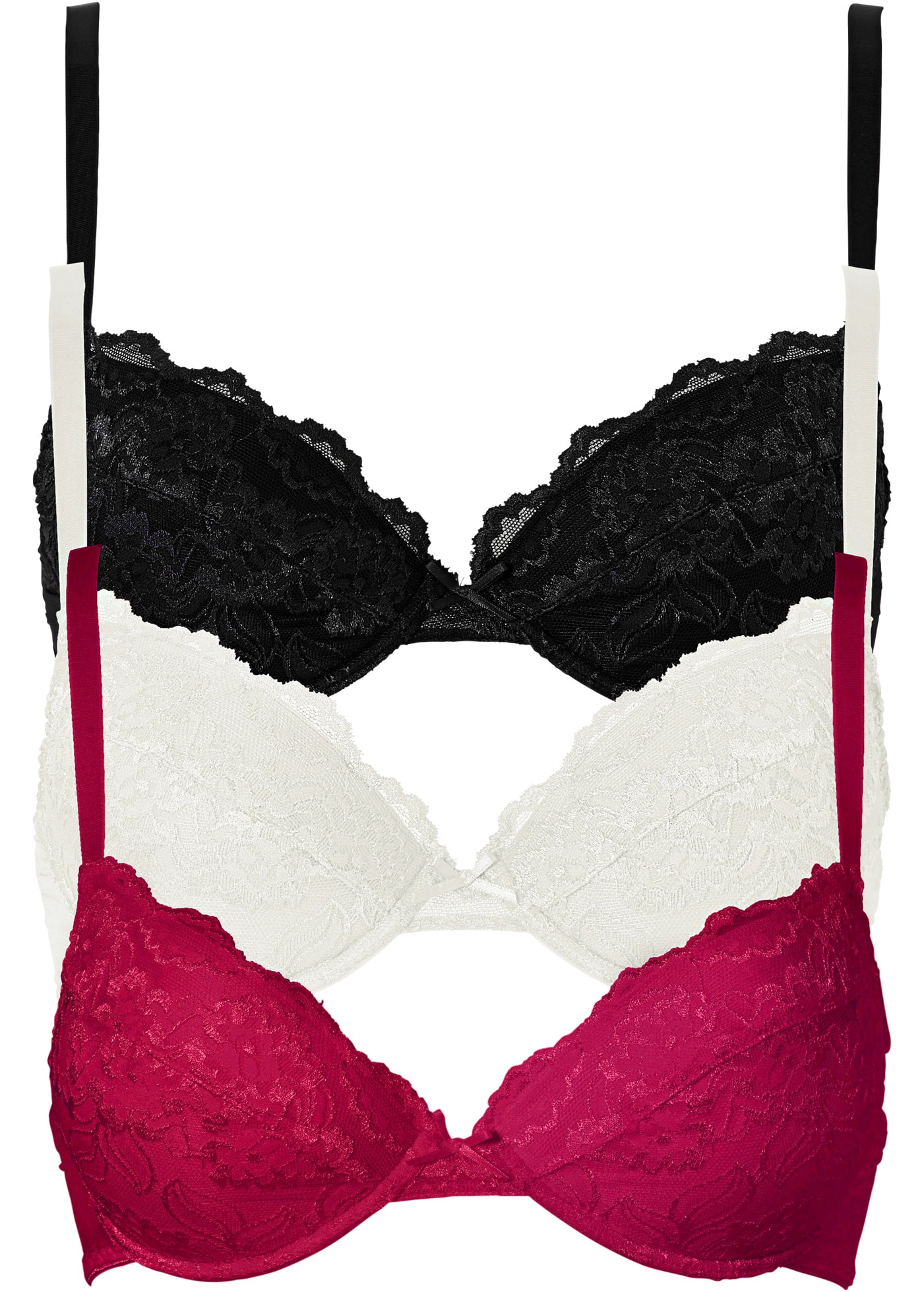 Image of bonprix Push-up-BH "Push-up-BH mit feiner Spitze (3er Pack)" Packung, 3 Stk. leicht wattierte Cups, mit feinem Allover-Spitze, mit Baumwollfutter