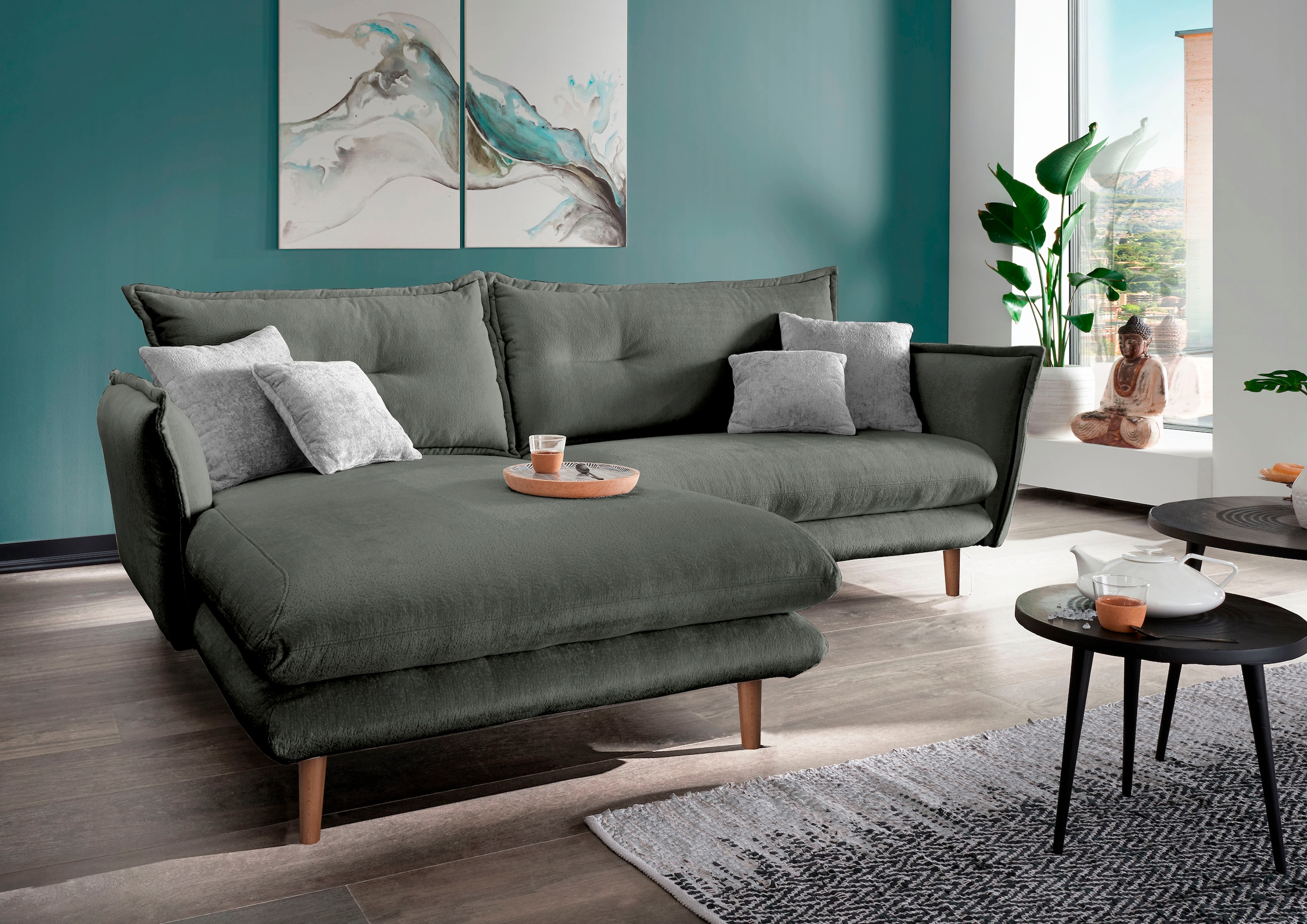 Image of Home affaire Ecksofa "Levke aktuelles Design: Kissen Optik, Holzfuss naturfarben, bequem" zwei verschiedene Fussfarben wählbar