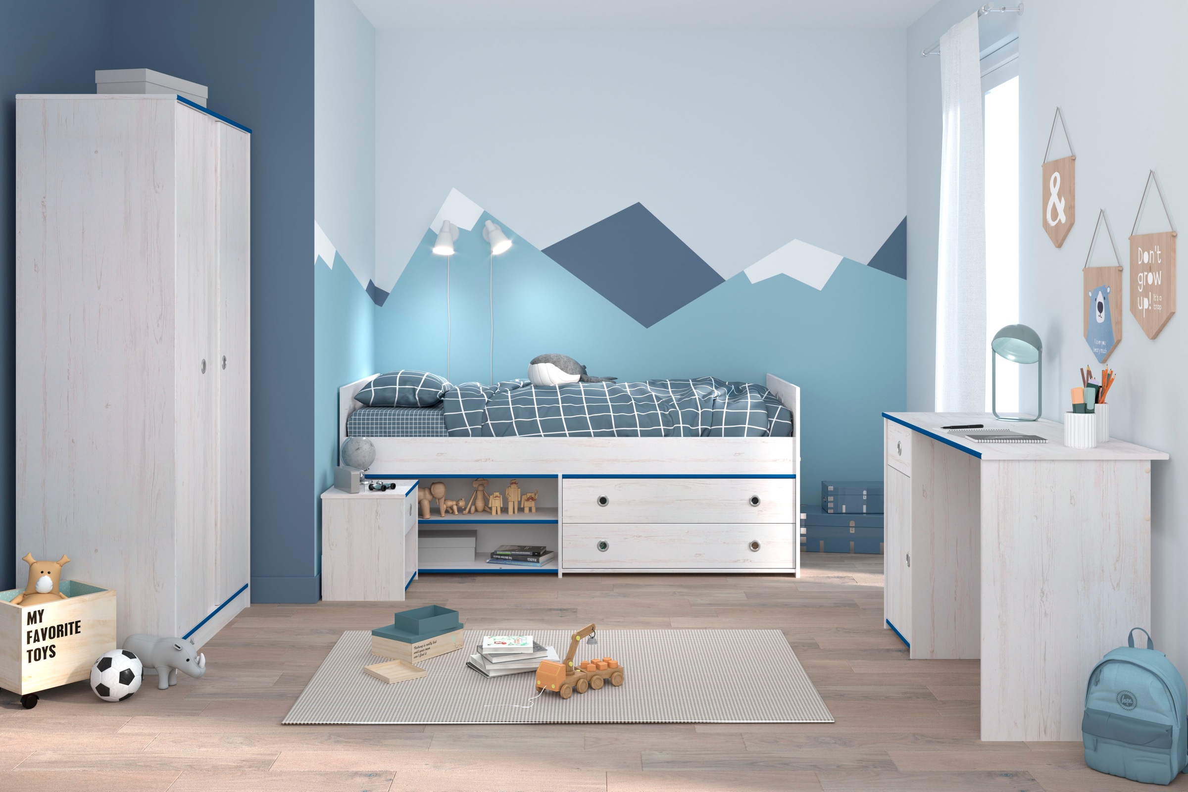 Parisot Jugendzimmer-Set »Smoozy«, (4 tlg., Stauraumbett,Nachttisch, Kleiderschrank und Schreibtisch)
