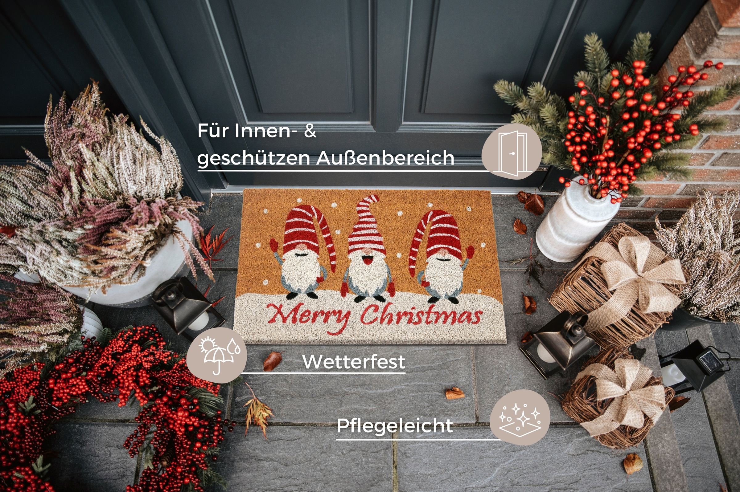 HANSE Home Fussmatte »Kokos Gnomes Merry Christmas, Türmatte«, rechteckig, 15 mm Höhe, Schmutzfangmatte, Rutschfest, Outdoor, Weihnachten, Kokosmatte, Zwerg