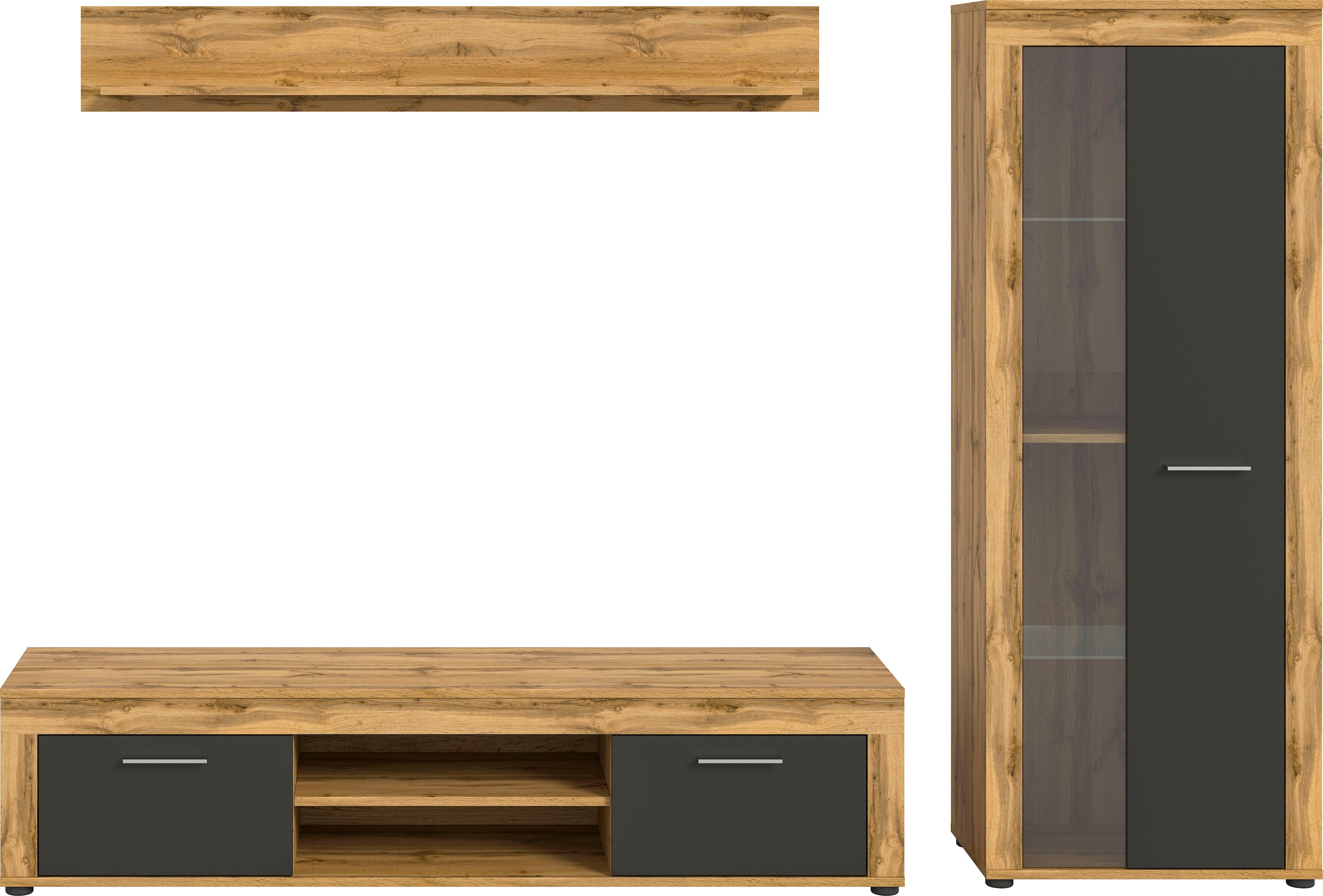 INOSIGN Wohnwand »Aosta, Breite 235cm, bestehend aus Lowboard, Wandboard, Vitrine«, (3 St.), Wohnwand, Kombination, Anbauwand, Möbel Set, Schrankwand, Möbel Kombi