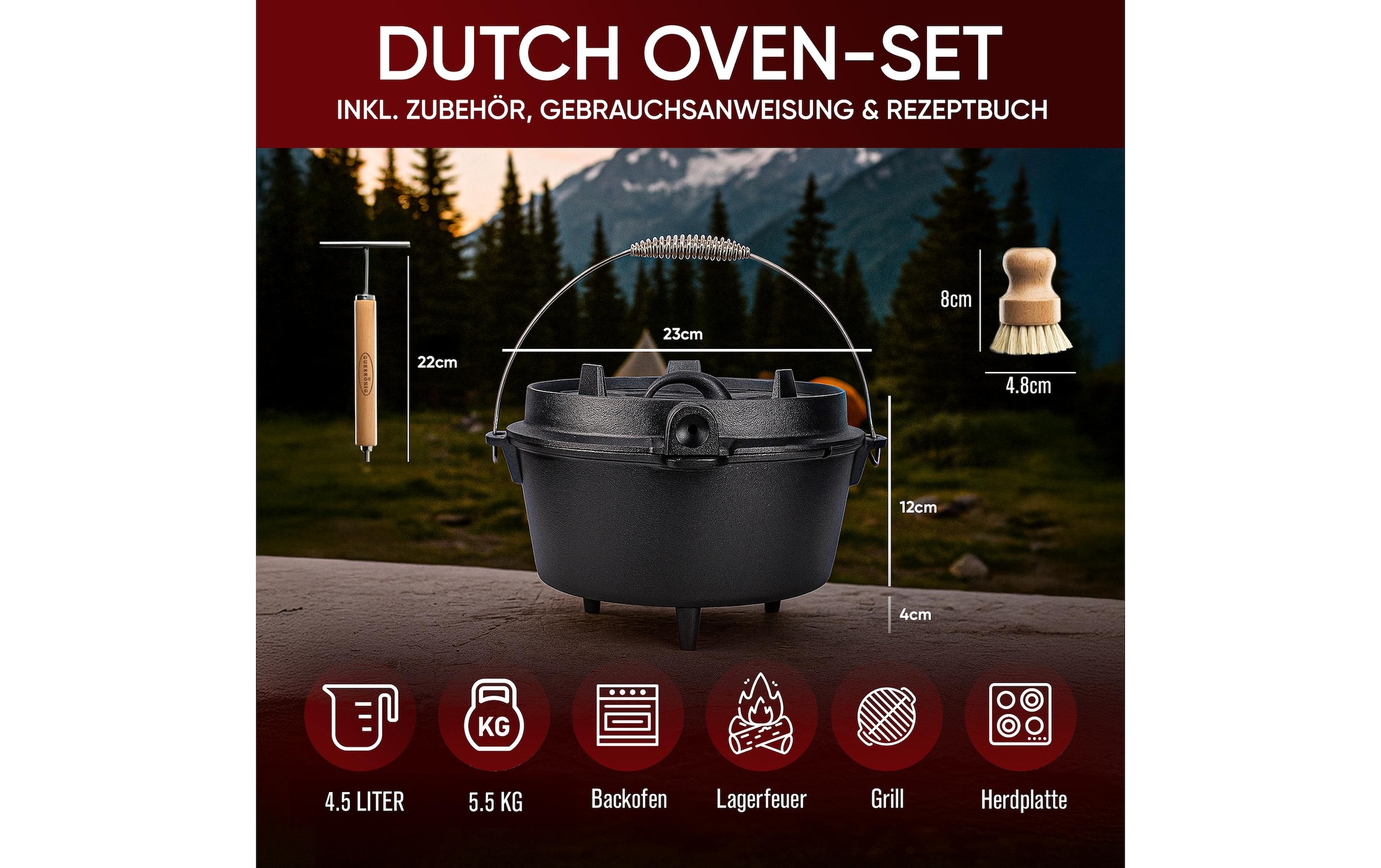   Marmite à barbecue »Gusskoenig Dutch Oven Set 4,5 l mit Deckelheber, Bürste« Set mit 2in1 Deckelheber und Reinigungsbürste