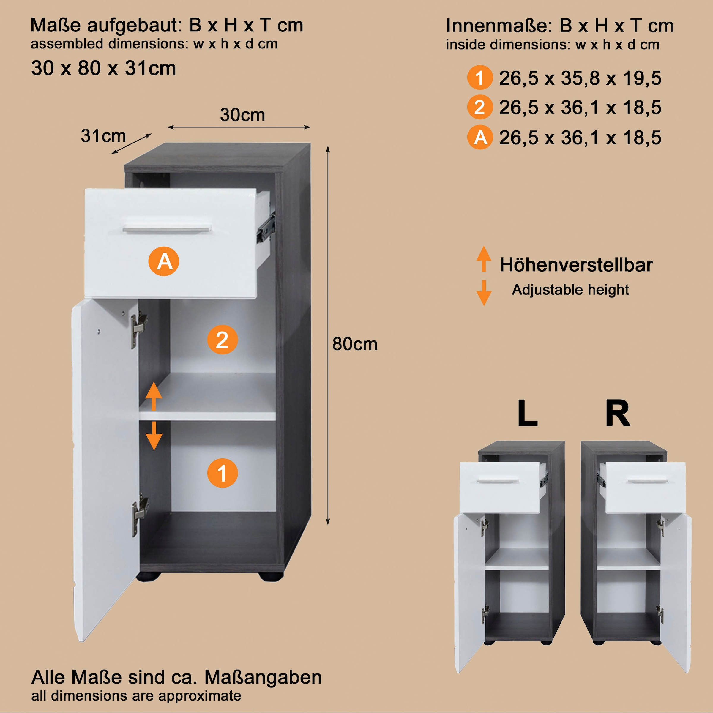 welltime Armoire basse »Sovana« commode de salle de bain avec façade laquée brillante et 1 tiroir - (L/P/H) 30/31/80 cm