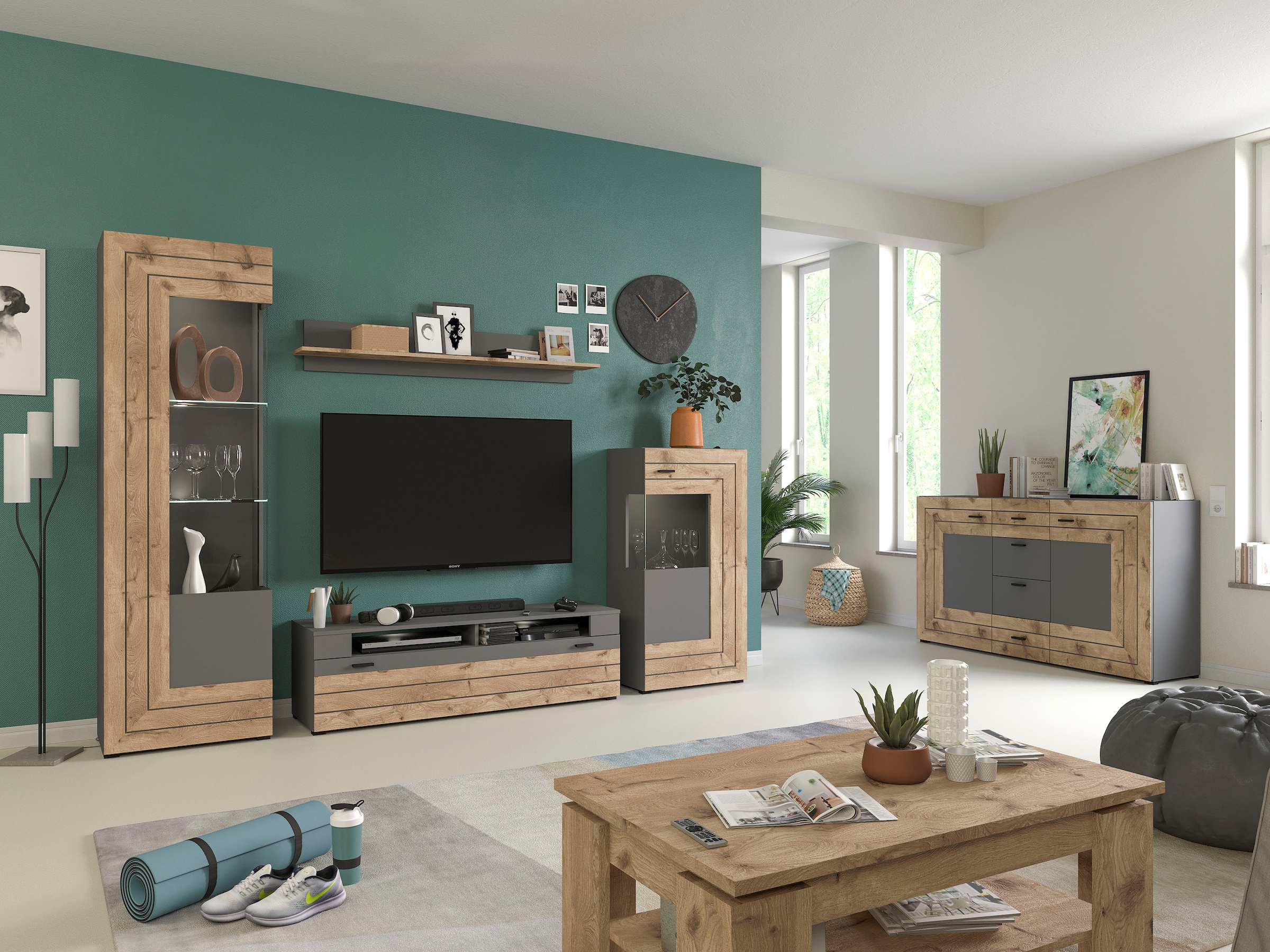 INOSIGN Wohnwand »Aalborg, Breite 290cm, 2-farbig,Metallgriffe, 4-teilig, bestehend aus:«, (4 St.), 1x Vitrine, 1x Lowboard, 1x Wandboard und 1x Stauraumschrank