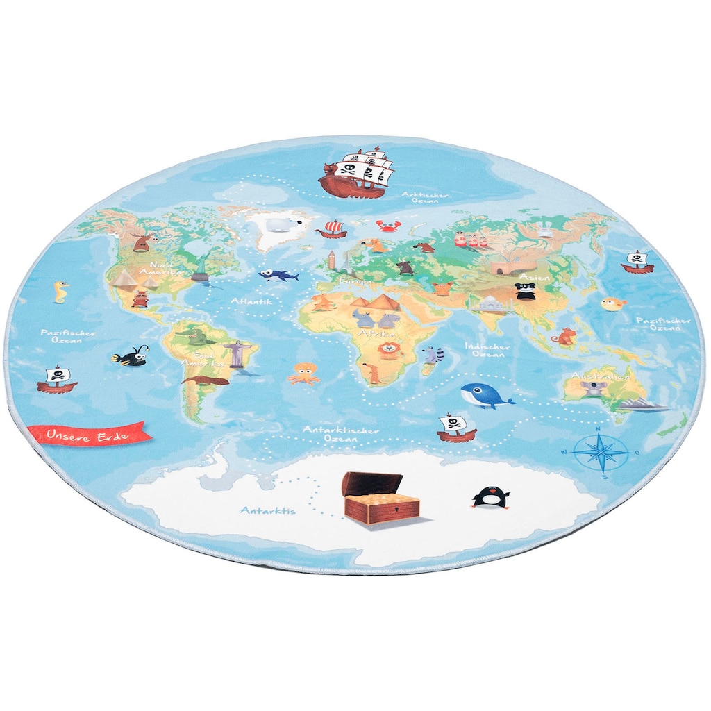 Böing Carpet Kinderteppich »Weltkarte«, rund, bedruckt, Motiv Weltkarte, waschbar, Kinderzimmer