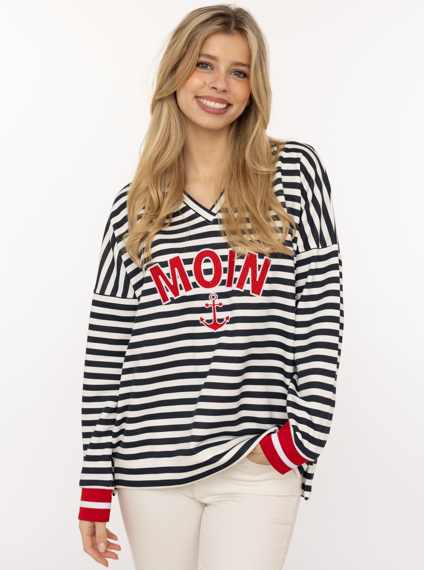 Image of Zwillingsherz Hoodie ""Streifen Moin"", V-Neck, gestreift, Stickerei mit Anker, gestreifte Bündchen