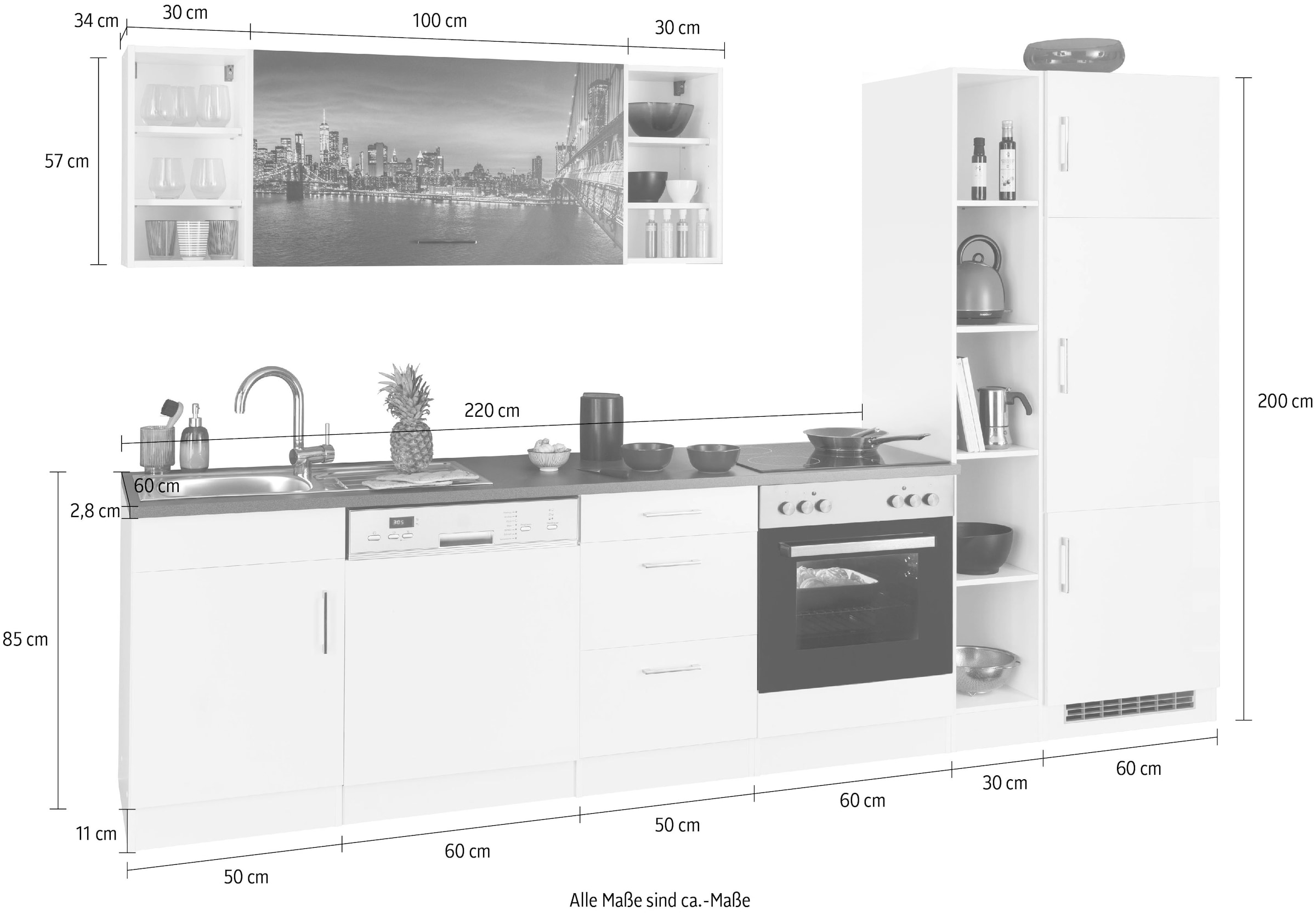 KOCHSTATION Kitchenette »KS-Paris – Küchen mit einzigartigen Fotomotiven auf den Fronten« largeur 280 cm, au choix avec appareils électriques, avec impression motif