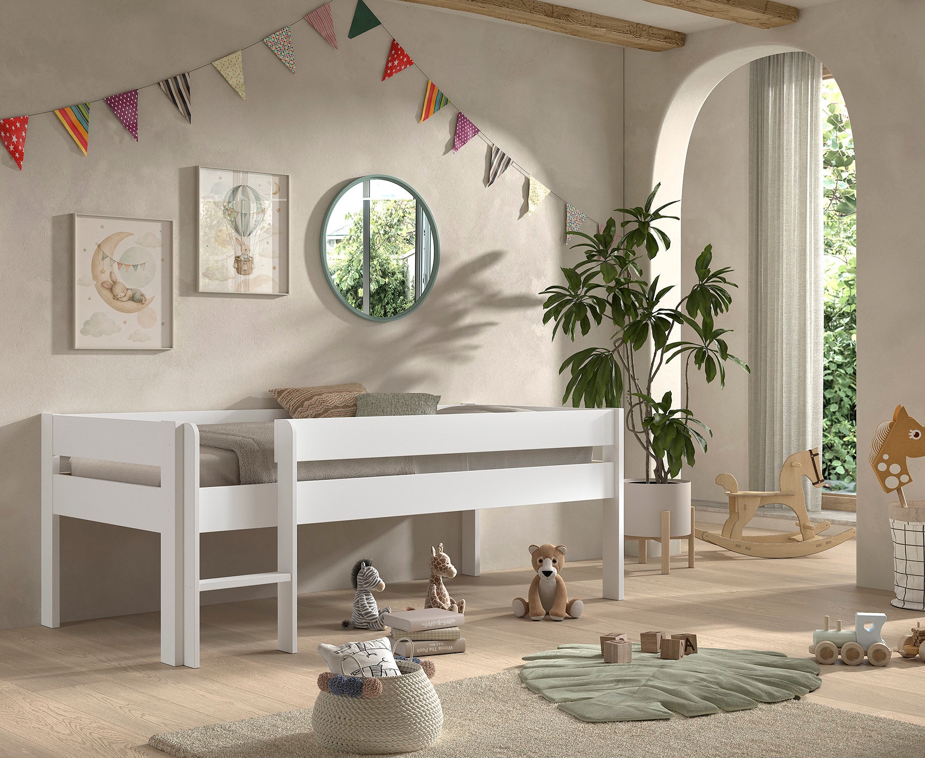 Vipack Stauraumbett »Primo, mit Absturzschutz, niedriger Bauhöhe ideal unter Dachschrägen« Kiefer weiss, inkl. Rolllattenrost, Leiter rechts / links montierbar
