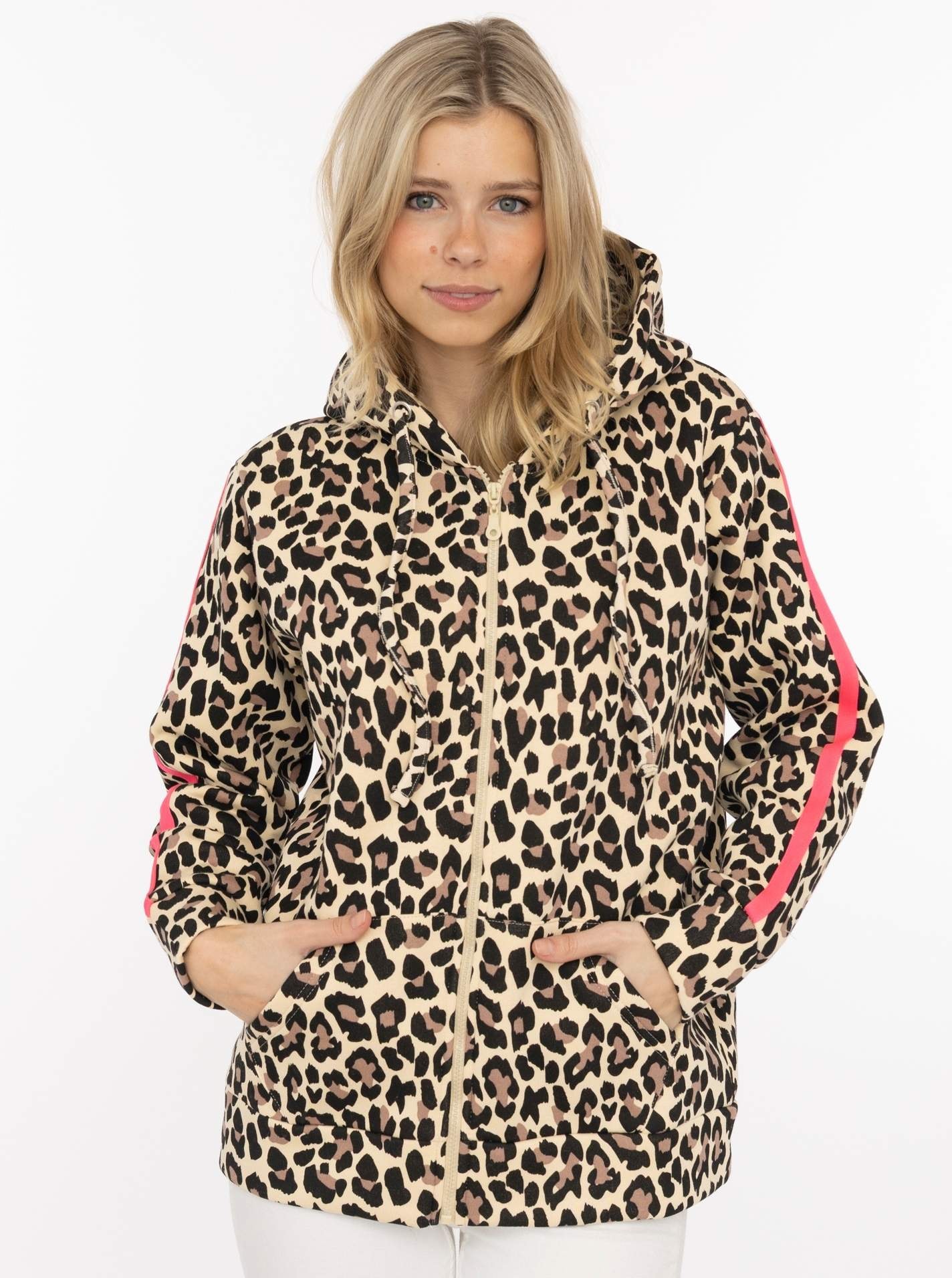 Image of Zwillingsherz Kapuzensweatjacke ""Leo"" Leomuster, pinker Streifen am Arm, Kapuze mit Kordel, Tasche, Zipper