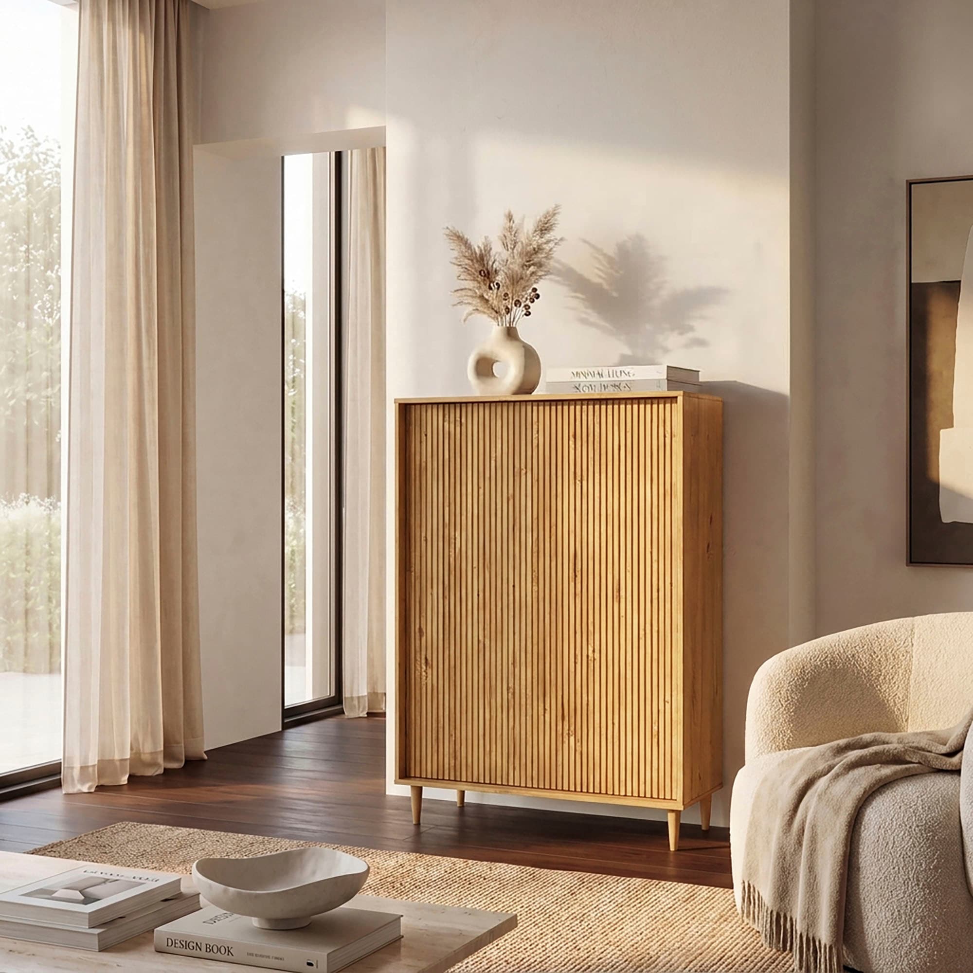 GOODproduct Highboard »Malmedy Midischrank mit einer Lamellenoptik und Push to Open Funktion« massives Kiefernholz, Push-to-open Funktion, verstellbare Einlegeböden