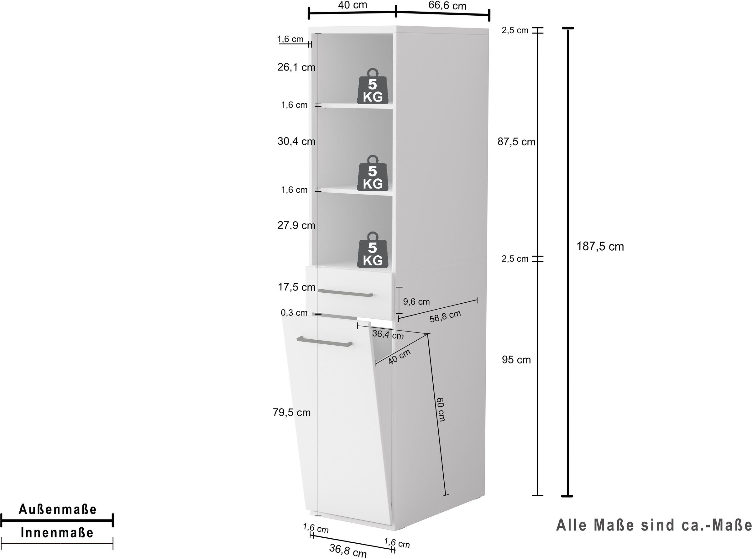 KOCHSTATION Wäscheschrank »KS-Linda« Breite 67 cm, 25mm starke Wände, ausziehbare Ablage